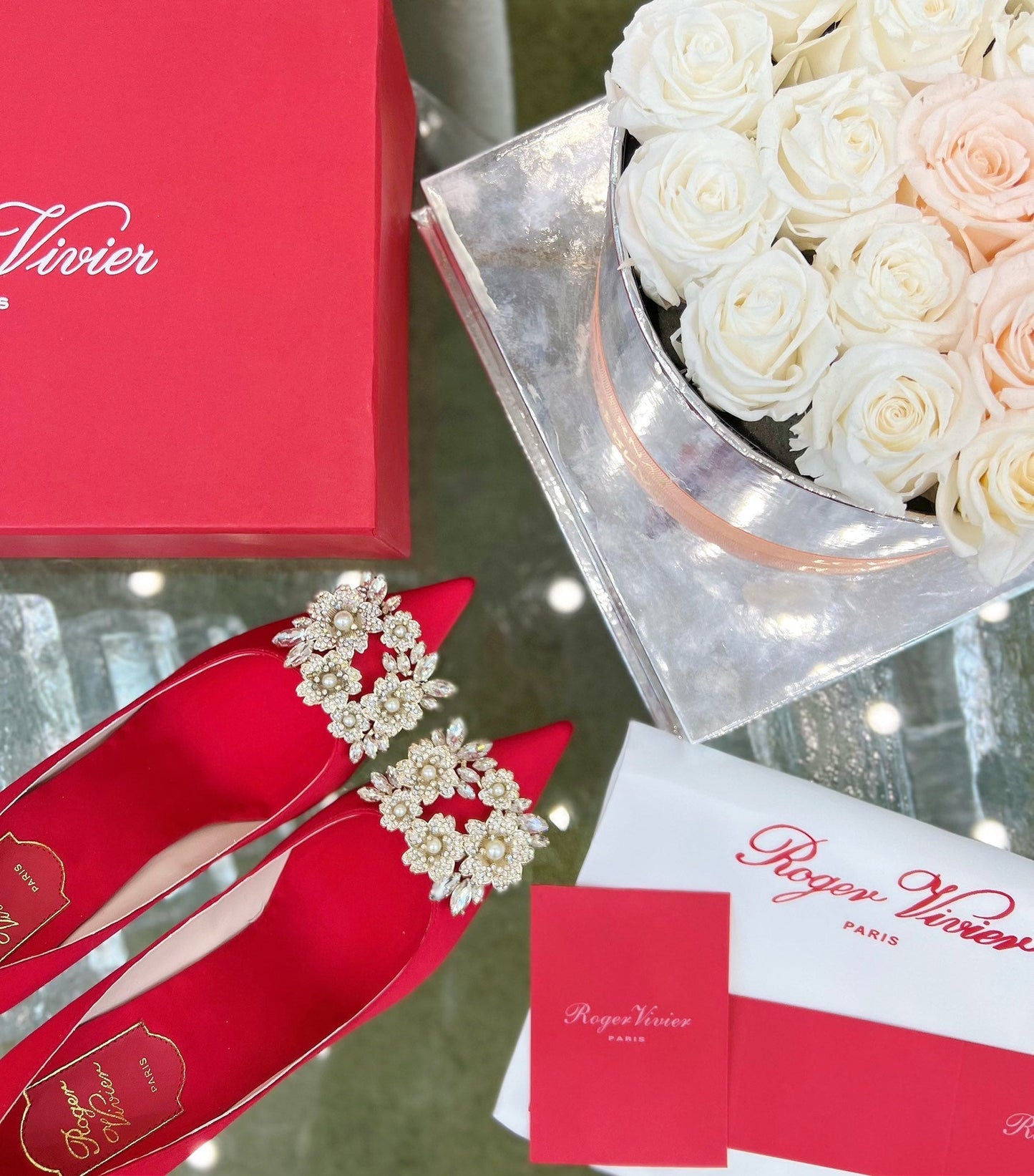 EFFLORESCENCE POINTED-TOE PUMPS IN RED SATIN WITH CRYSTAL BUCKLE - 35