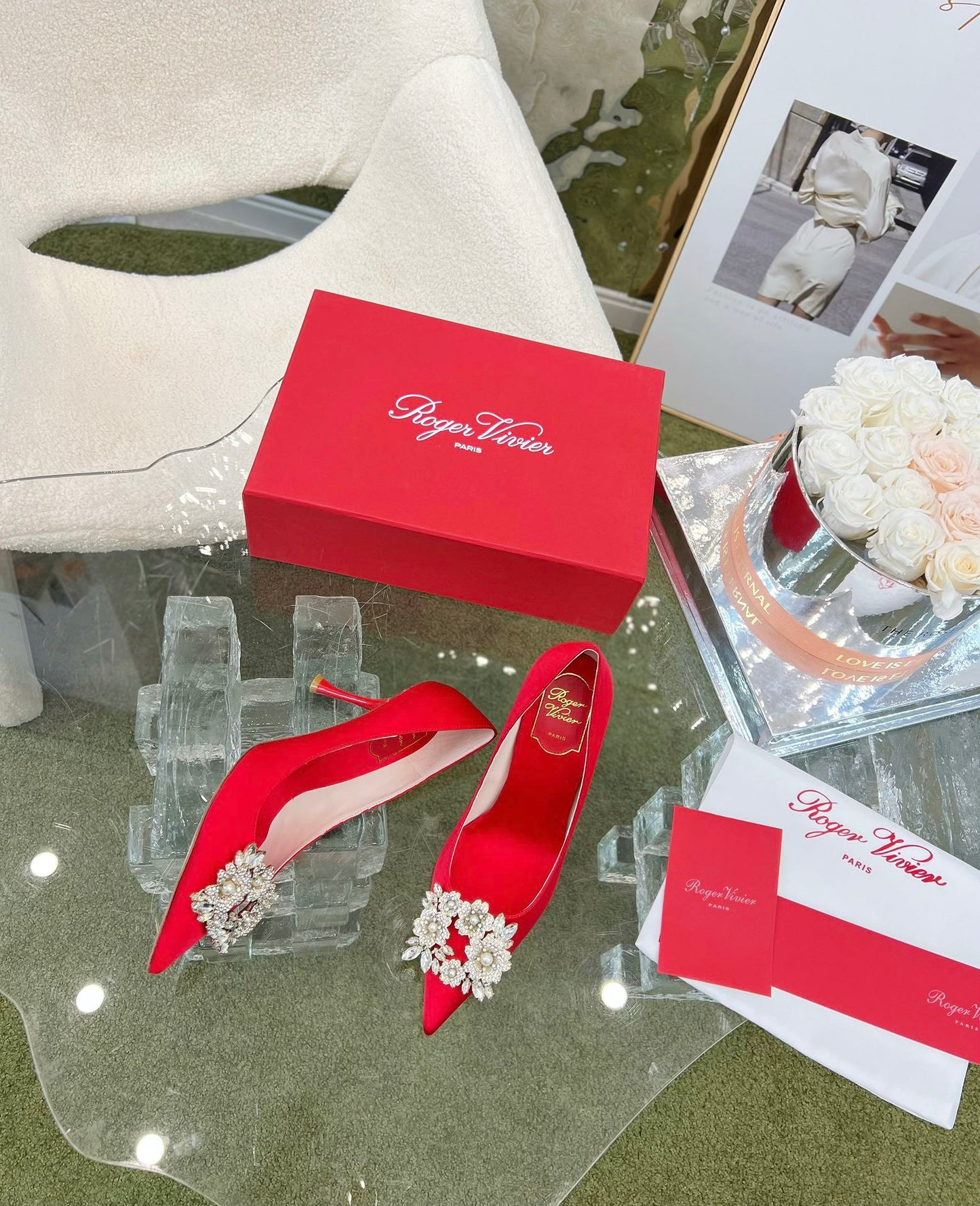 EFFLORESCENCE POINTED-TOE PUMPS IN RED SATIN WITH CRYSTAL BUCKLE - 35