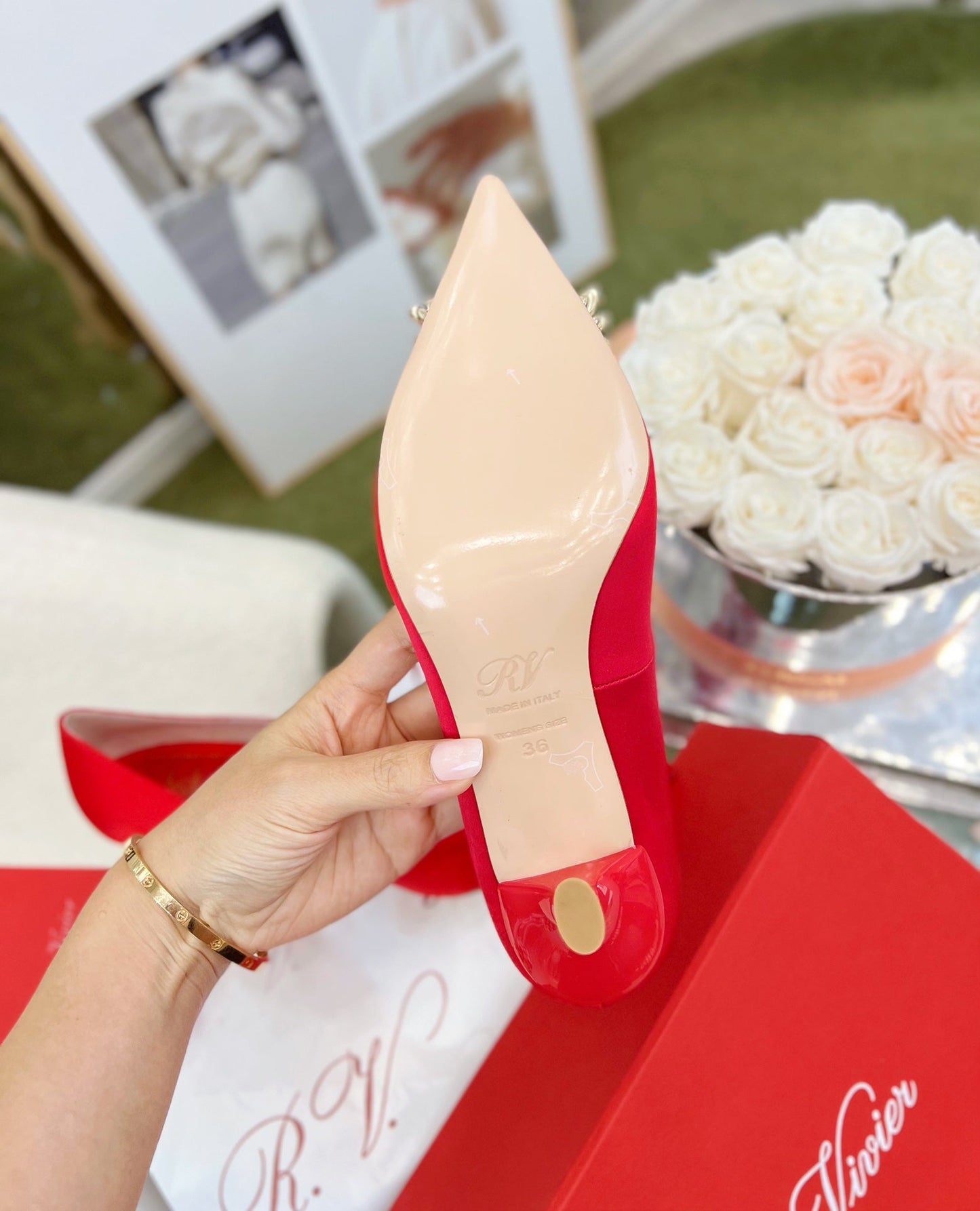 EFFLORESCENCE POINTED-TOE PUMPS IN RED SATIN WITH CRYSTAL BUCKLE - 35