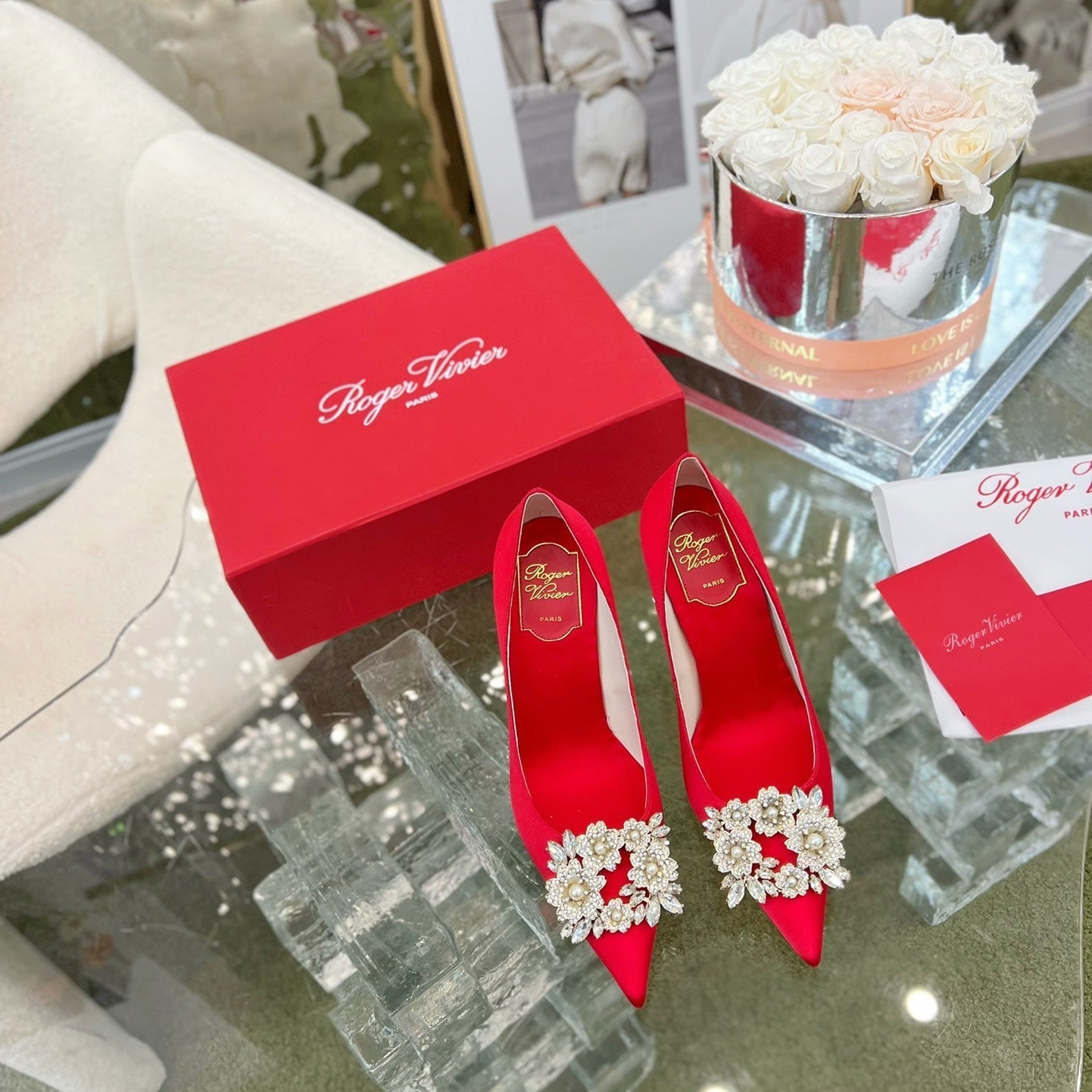 EFFLORESCENCE POINTED-TOE PUMPS IN RED SATIN WITH CRYSTAL BUCKLE - 35