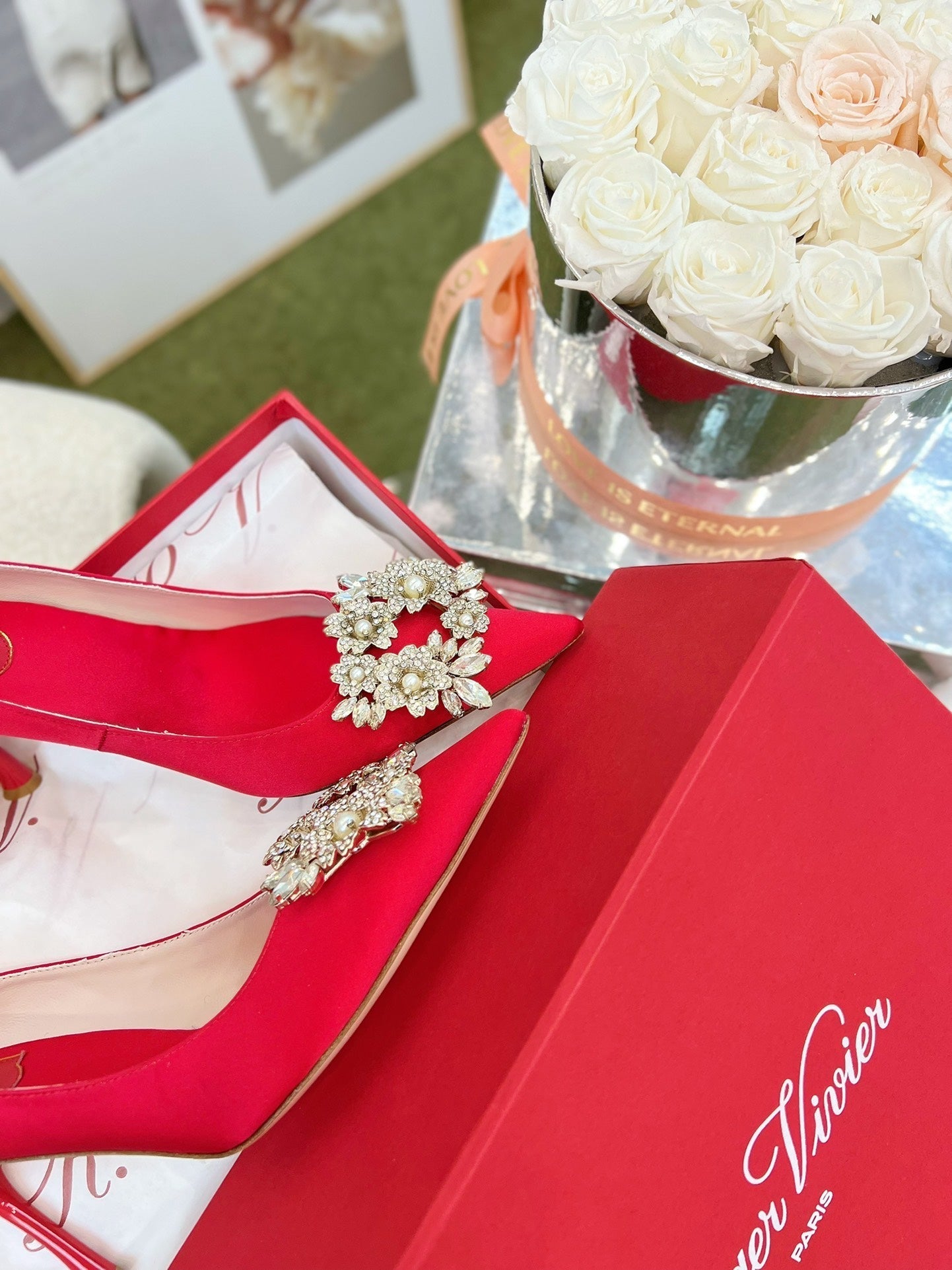EFFLORESCENCE POINTED-TOE PUMPS IN RED SATIN WITH CRYSTAL BUCKLE - 35