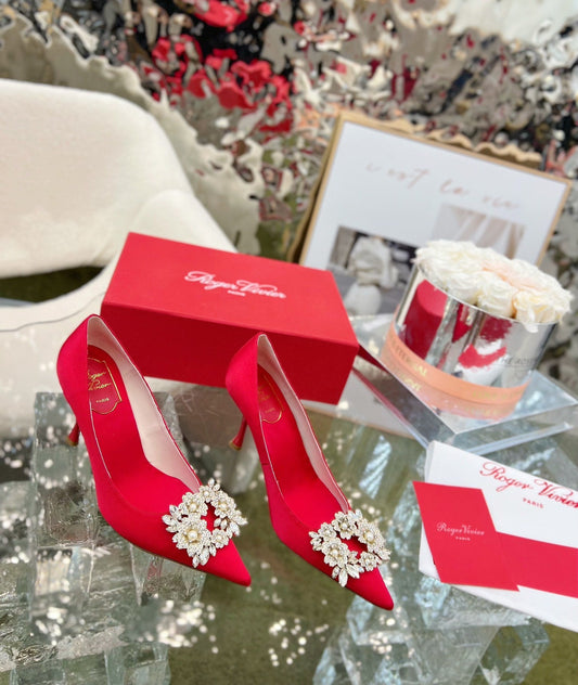 EFFLORESCENCE POINTED-TOE PUMPS IN RED SATIN WITH CRYSTAL BUCKLE - 35