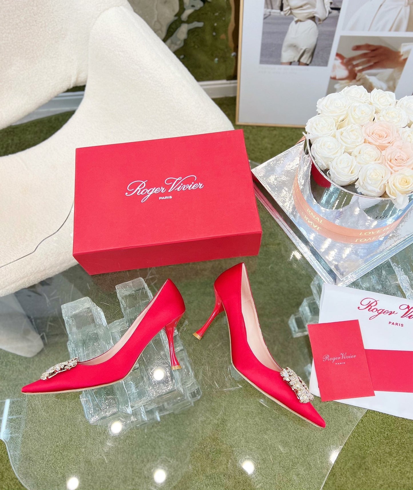 EFFLORESCENCE POINTED-TOE PUMPS IN RED SATIN WITH CRYSTAL BUCKLE - 35