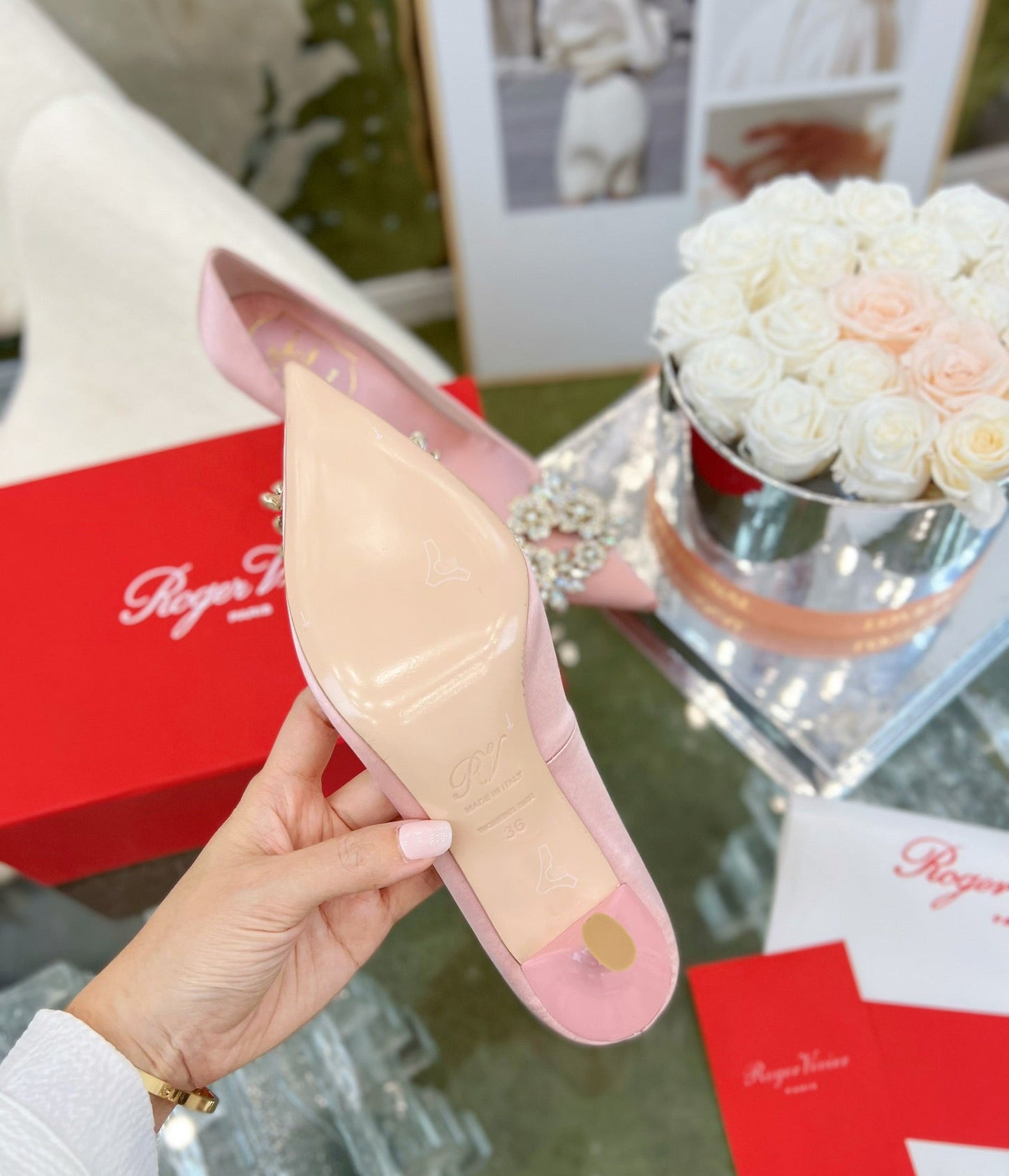EFFLORESCENCE POINTED-TOE PUMPS IN YOUR PINK SATIN WITH CRYSTAL BUCKLE - 35