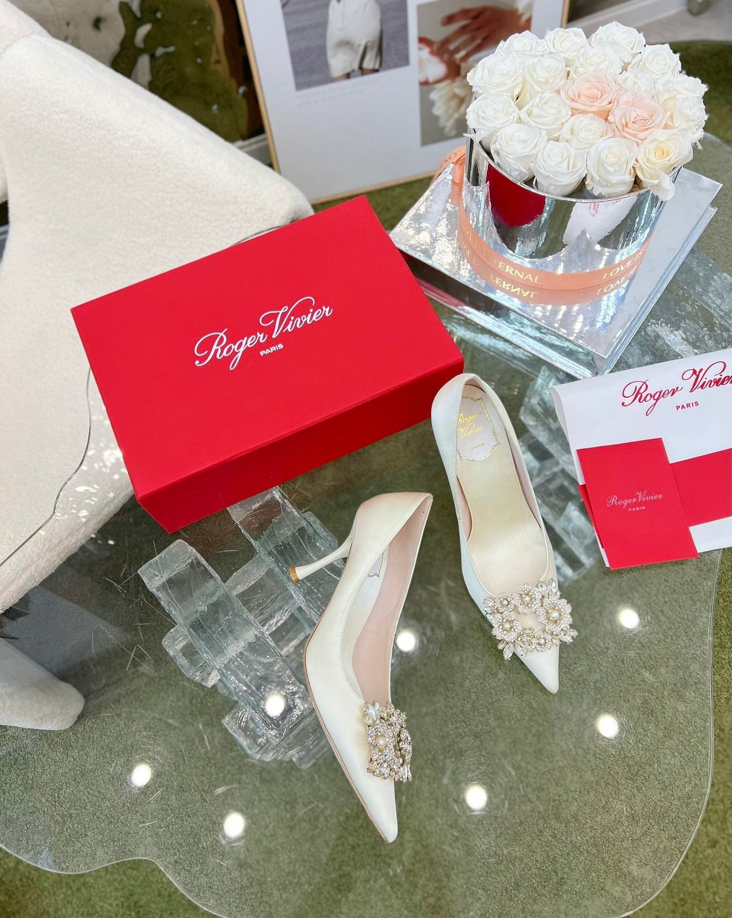 EFFLORESCENCE POINTED-TOE PUMPS IN WHITE SATIN WITH CRYSTAL BUCKLE - 35