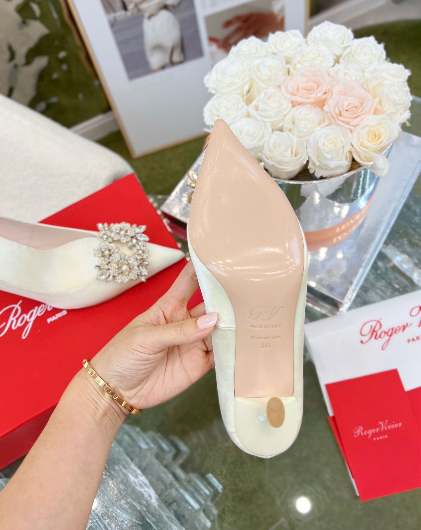 EFFLORESCENCE POINTED-TOE PUMPS IN WHITE SATIN WITH CRYSTAL BUCKLE - 35