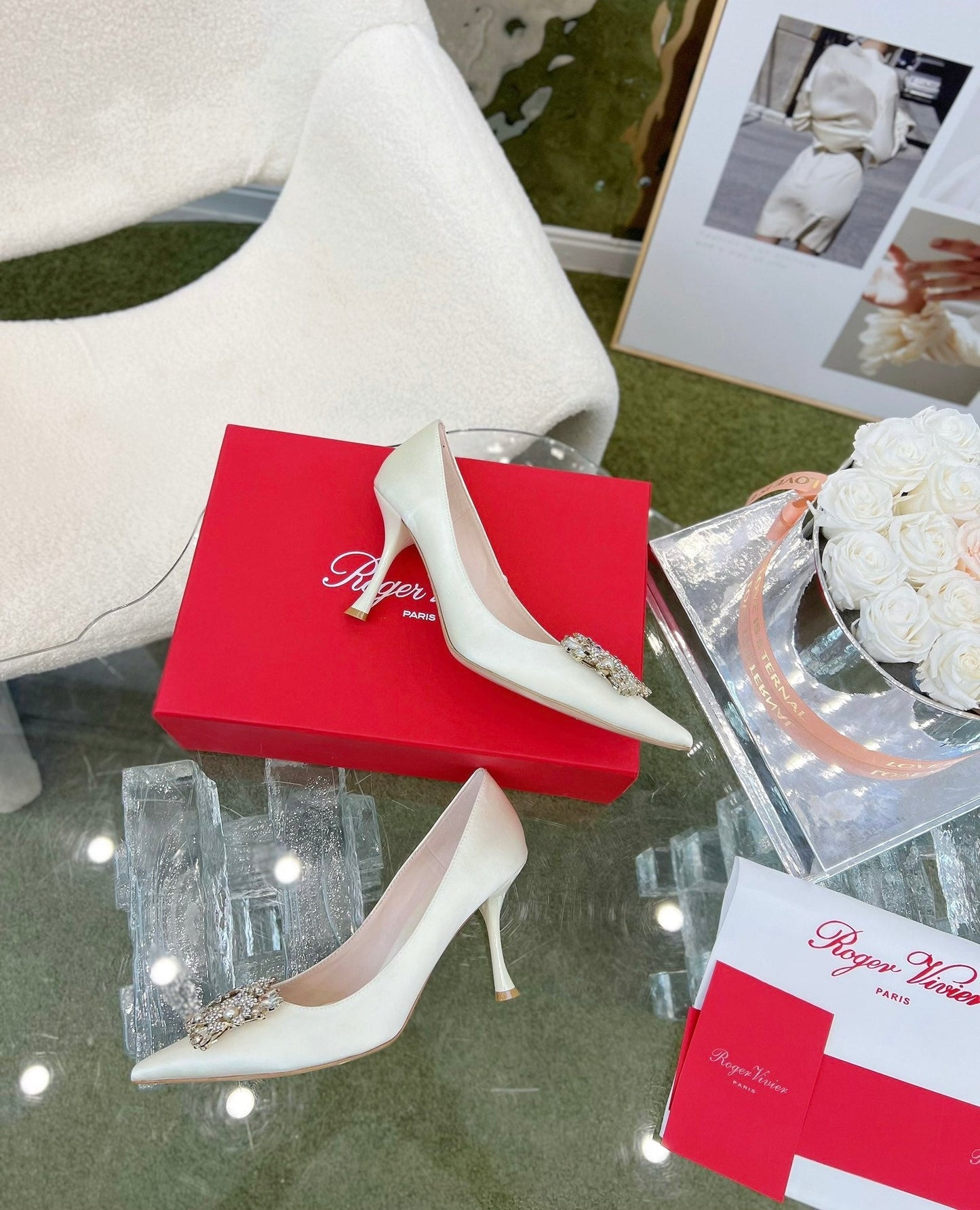 EFFLORESCENCE POINTED-TOE PUMPS IN WHITE SATIN WITH CRYSTAL BUCKLE - 35