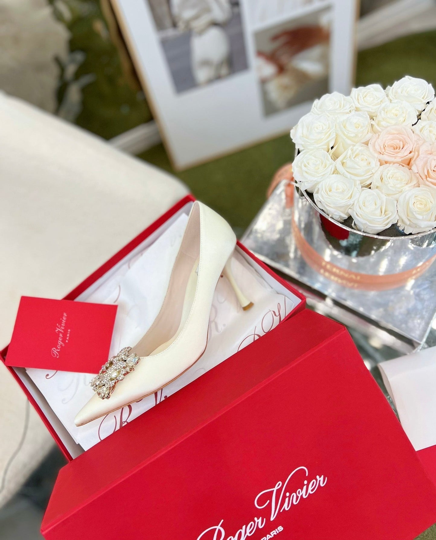 EFFLORESCENCE POINTED-TOE PUMPS IN WHITE SATIN WITH CRYSTAL BUCKLE - 35