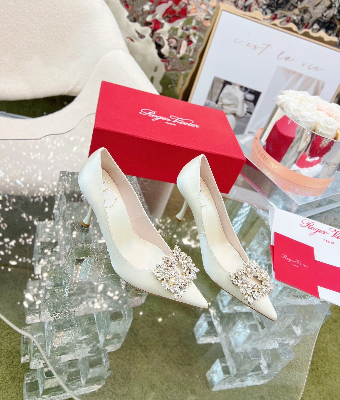 EFFLORESCENCE POINTED-TOE PUMPS IN WHITE SATIN WITH CRYSTAL BUCKLE - 35
