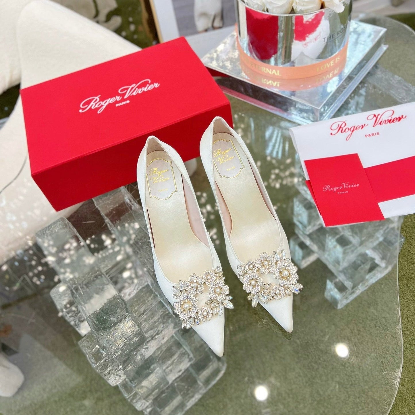 EFFLORESCENCE POINTED-TOE PUMPS IN WHITE SATIN WITH CRYSTAL BUCKLE - 35