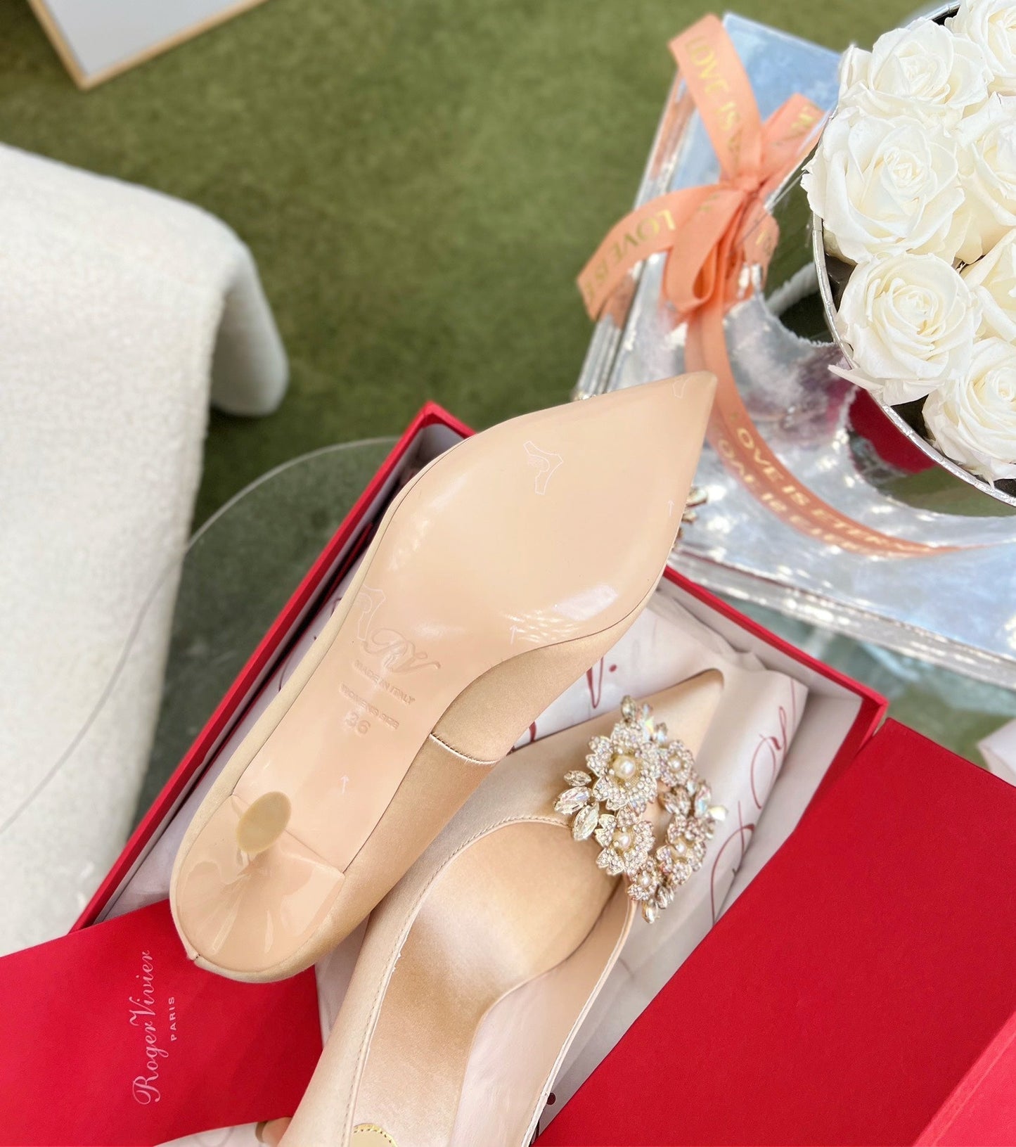 EFFLORESCENCE POINTED-TOE PUMPS IN NUDE SATIN WITH CRYSTAL BUCKLE - 35