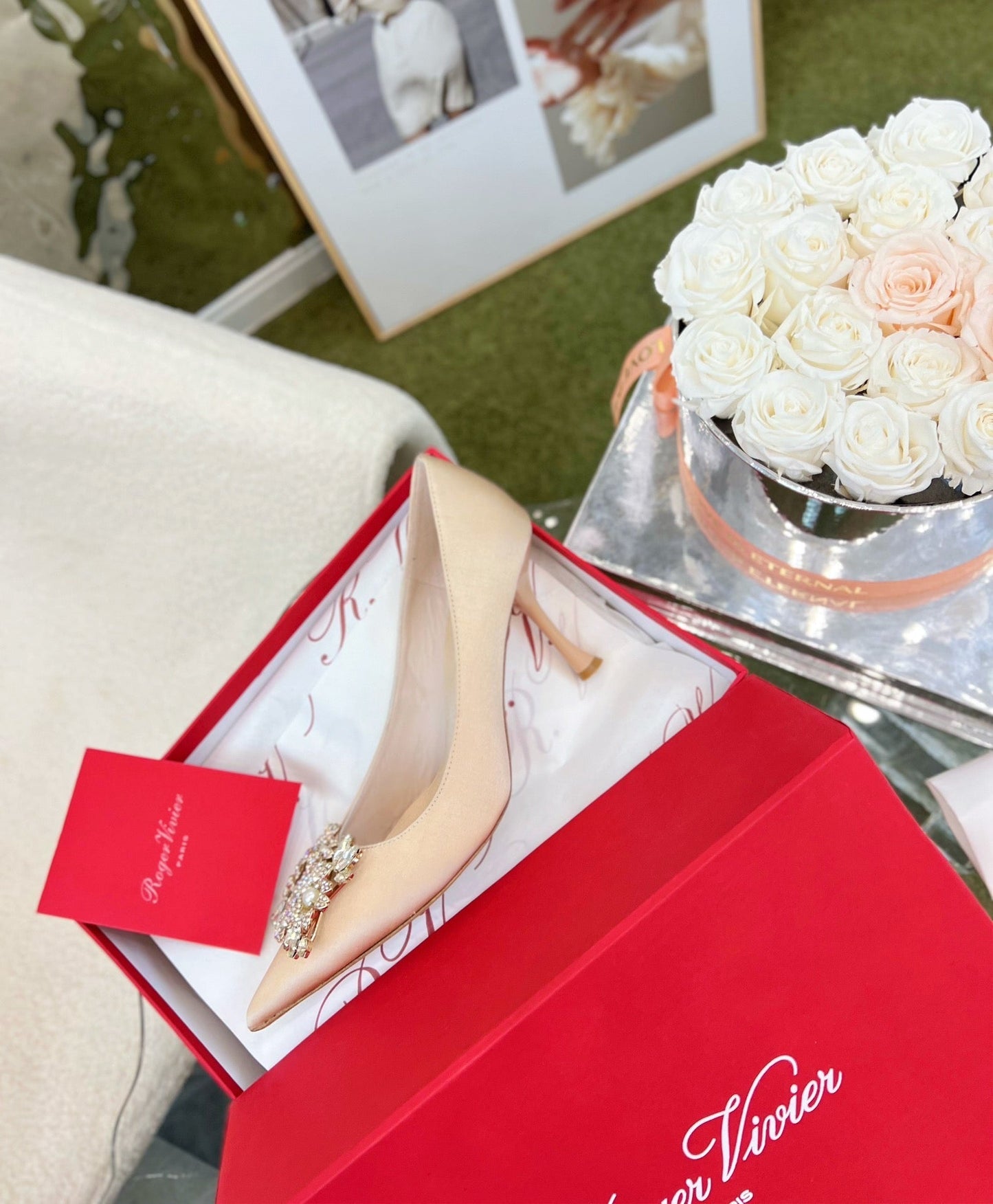 EFFLORESCENCE POINTED-TOE PUMPS IN NUDE SATIN WITH CRYSTAL BUCKLE - 35
