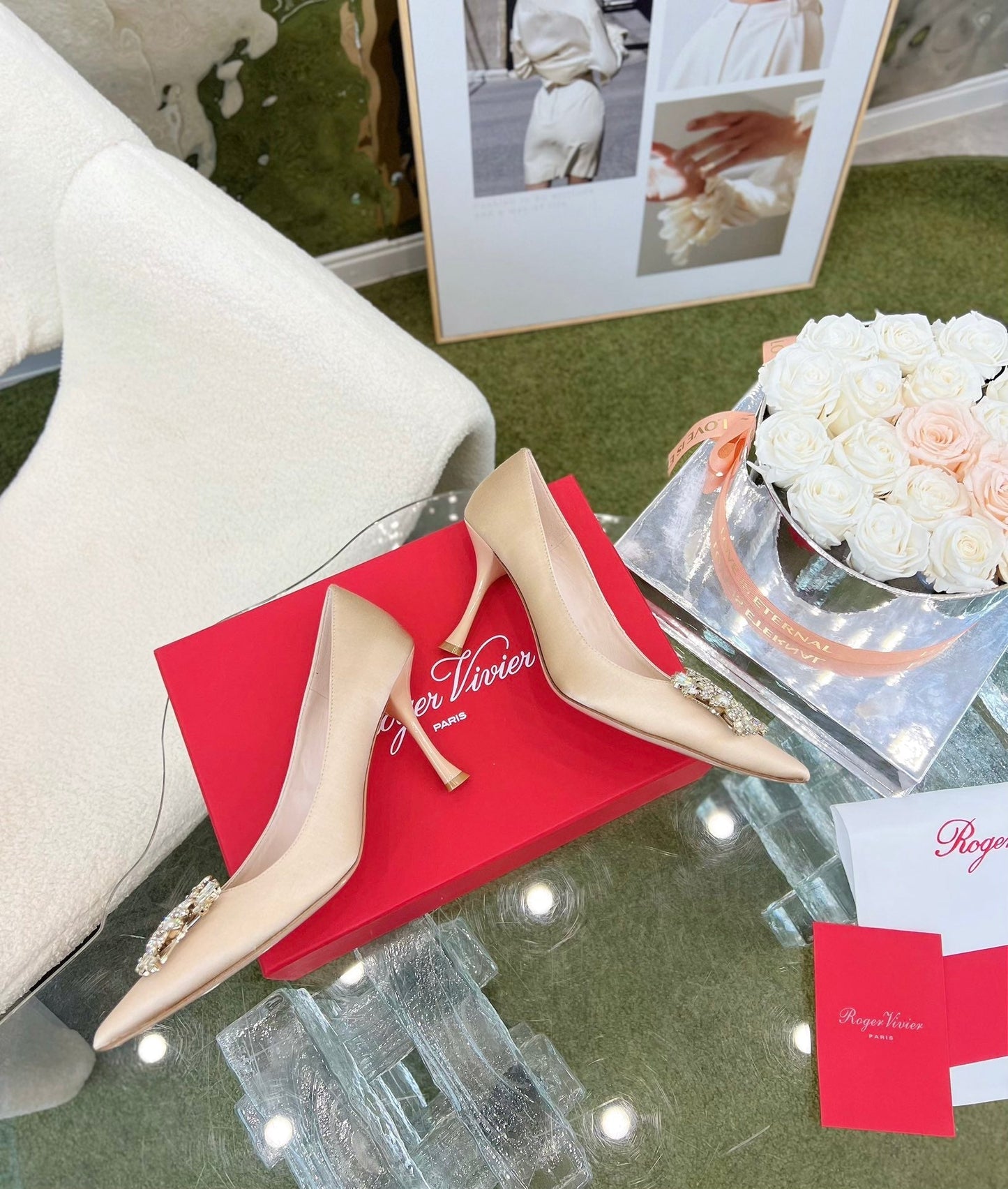 EFFLORESCENCE POINTED-TOE PUMPS IN NUDE SATIN WITH CRYSTAL BUCKLE - 35