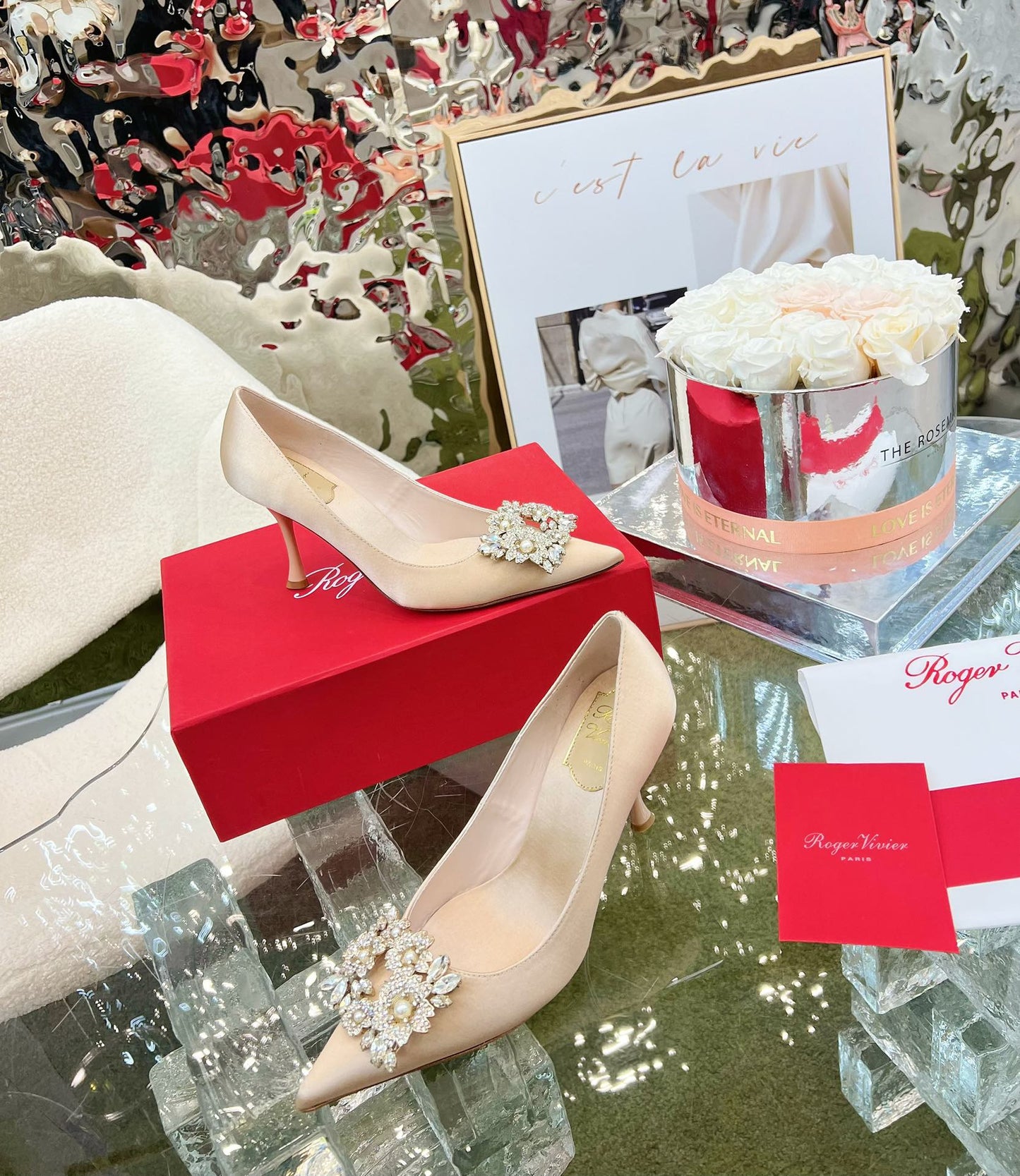 EFFLORESCENCE POINTED-TOE PUMPS IN NUDE SATIN WITH CRYSTAL BUCKLE - 35