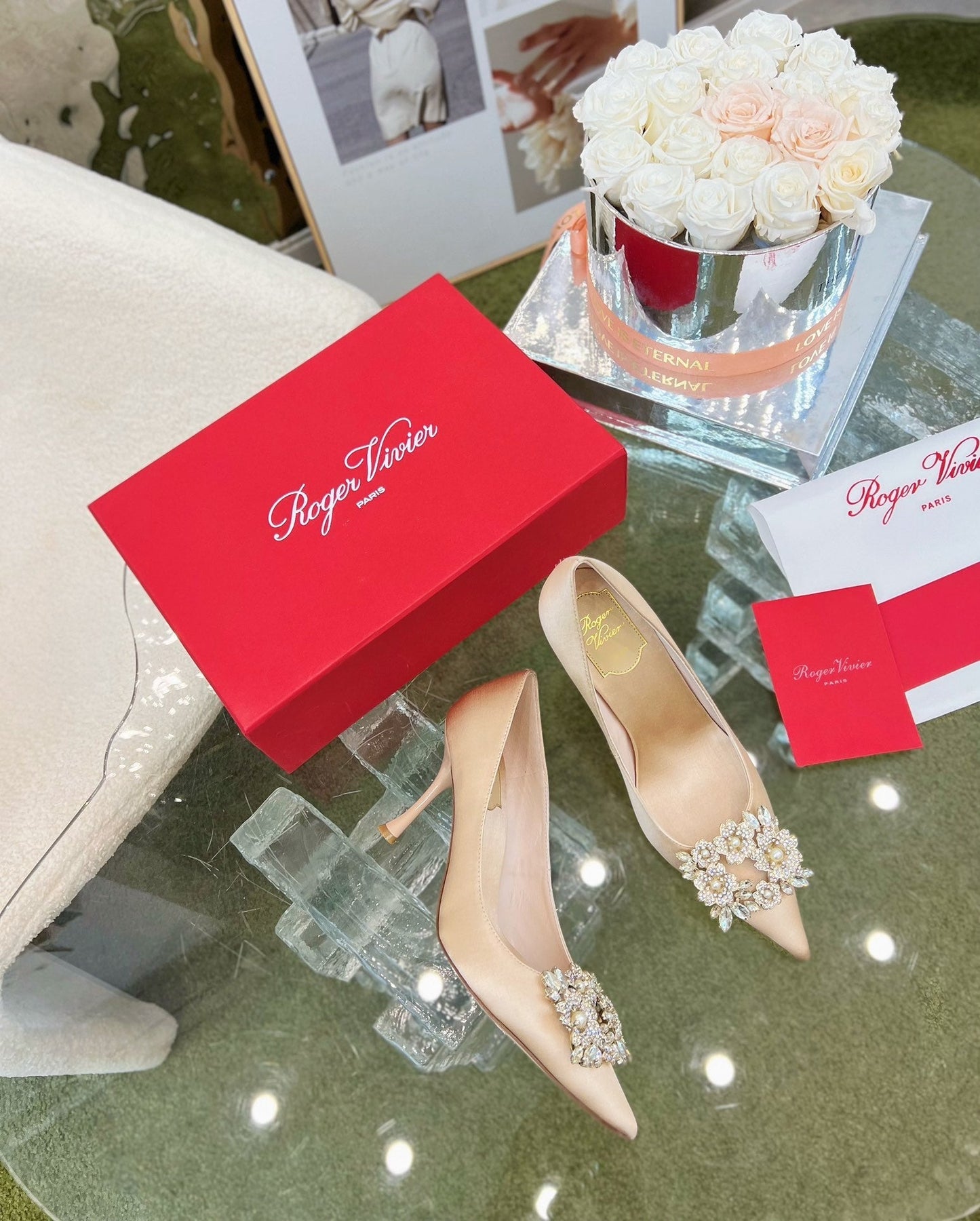 EFFLORESCENCE POINTED-TOE PUMPS IN NUDE SATIN WITH CRYSTAL BUCKLE - 35
