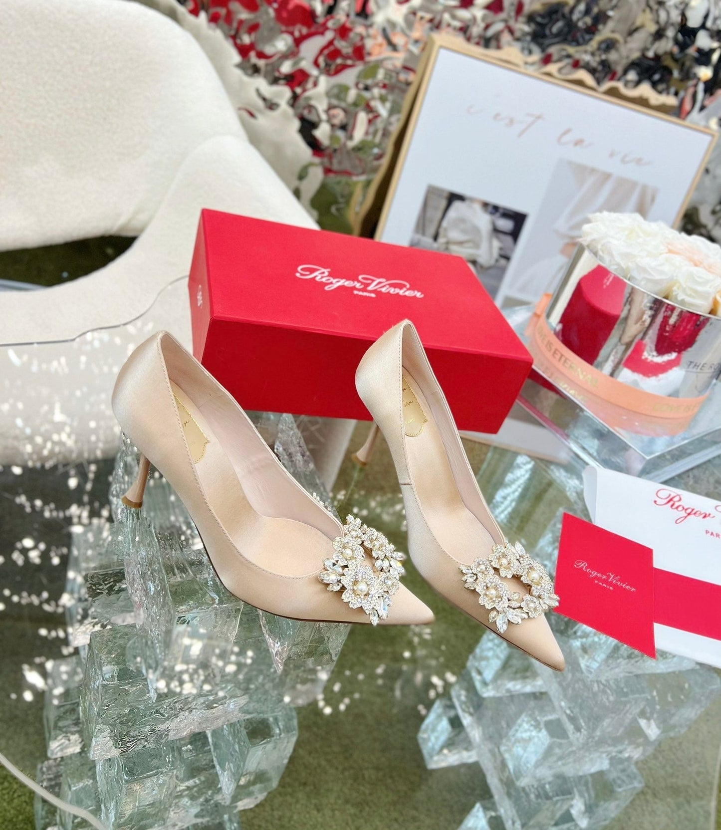 EFFLORESCENCE POINTED-TOE PUMPS IN NUDE SATIN WITH CRYSTAL BUCKLE - 35