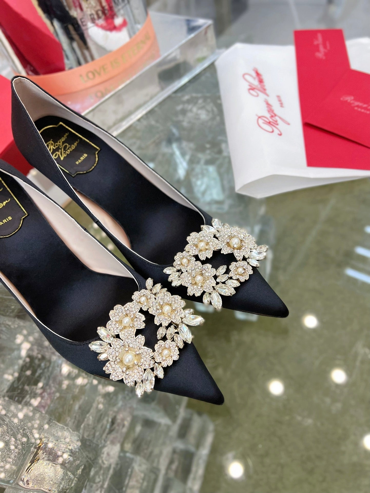 EFFLORESCENCE POINTED-TOE PUMPS IN BLACK SATIN WITH CRYSTAL BUCKLE - 35
