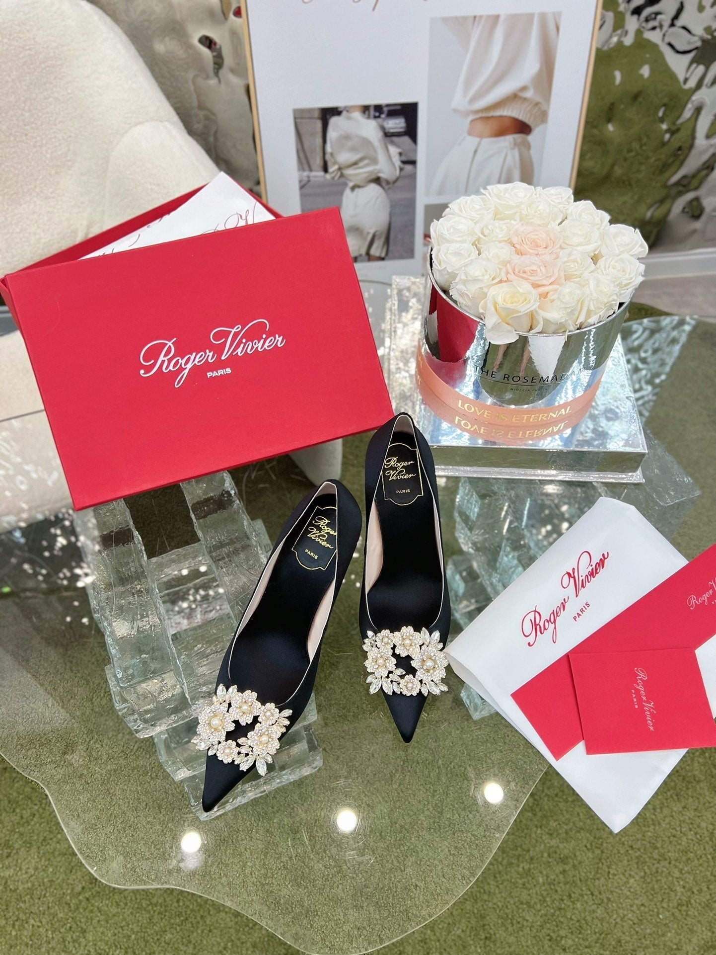 EFFLORESCENCE POINTED-TOE PUMPS IN BLACK SATIN WITH CRYSTAL BUCKLE - 35