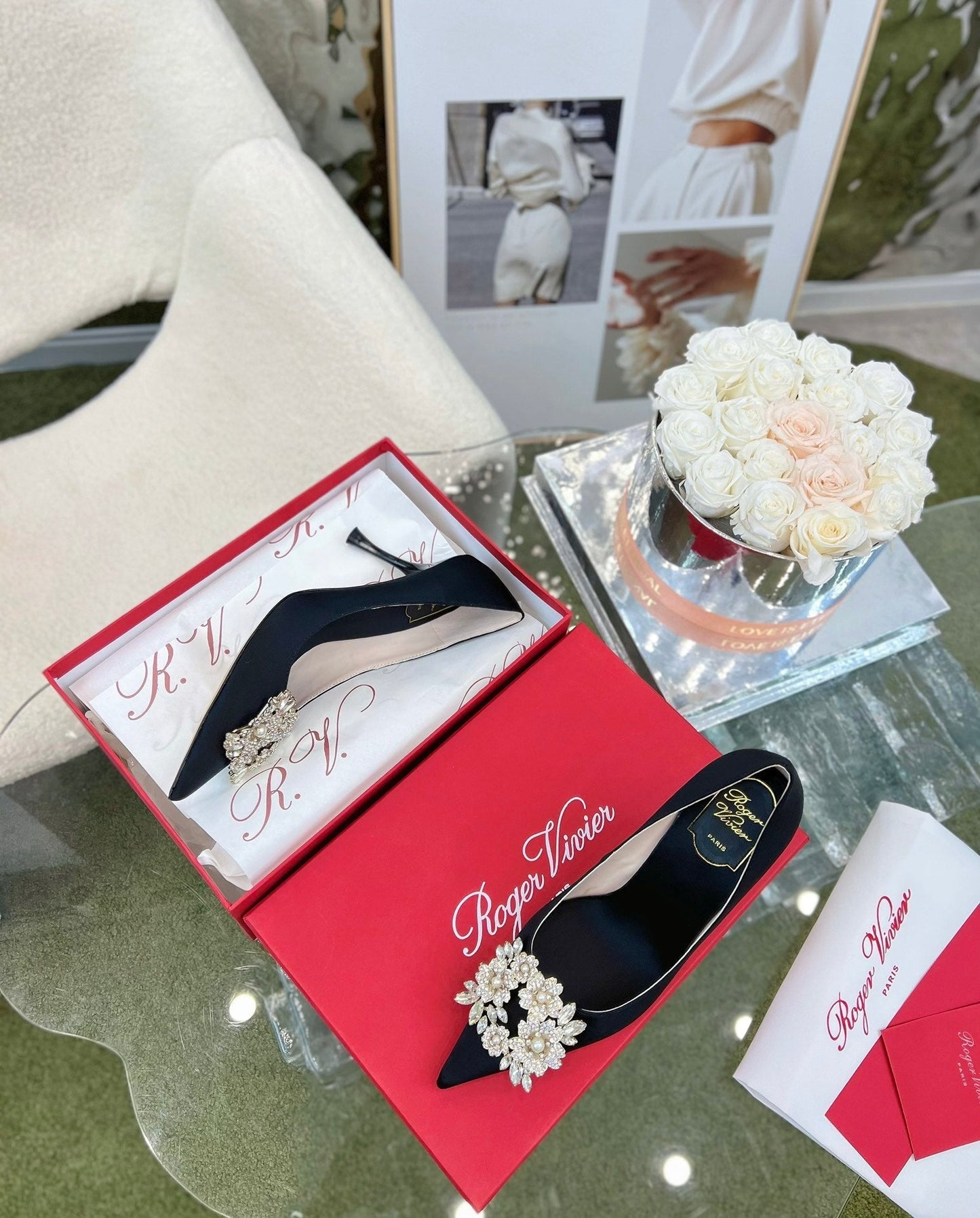EFFLORESCENCE POINTED-TOE PUMPS IN BLACK SATIN WITH CRYSTAL BUCKLE - 35
