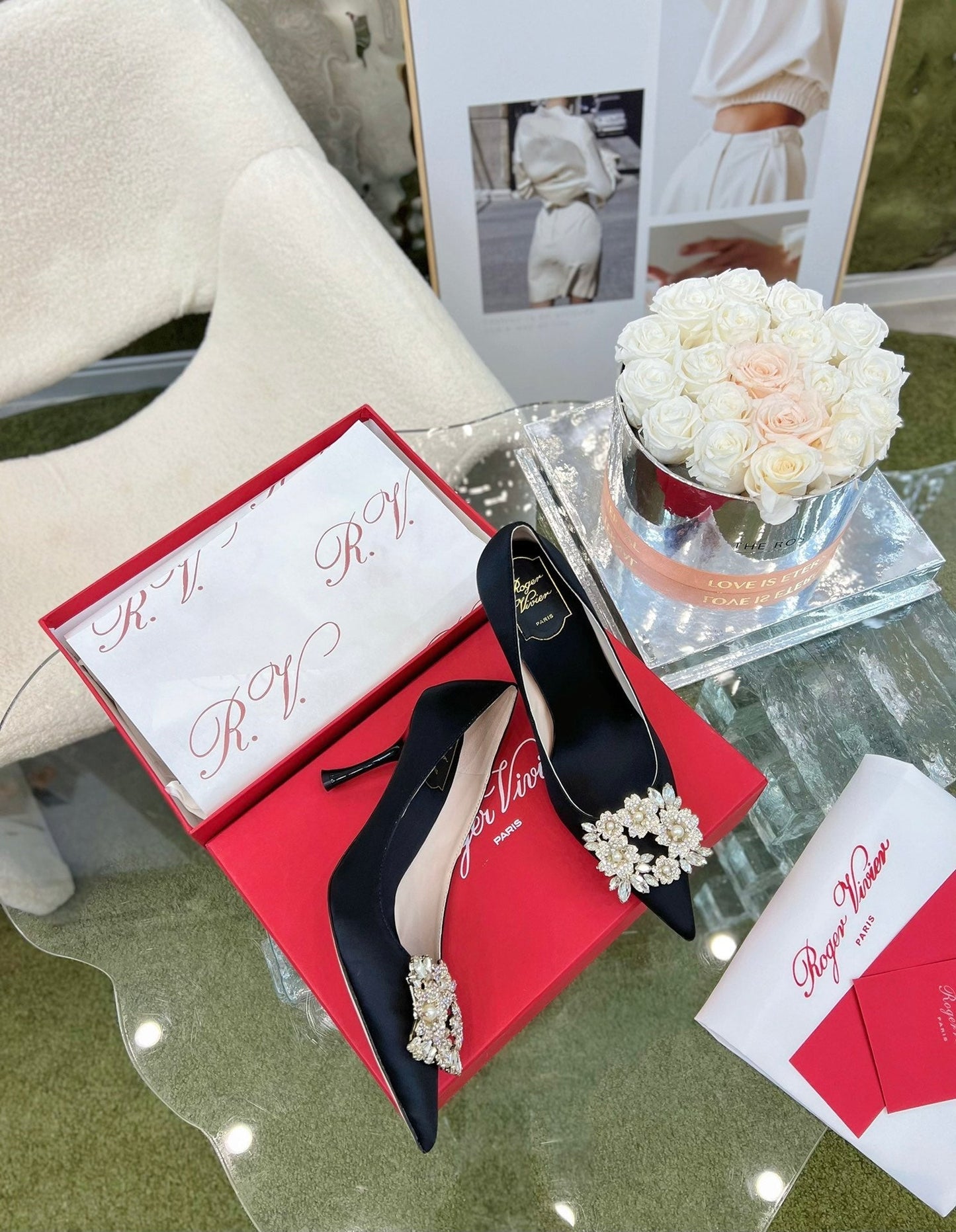 EFFLORESCENCE POINTED-TOE PUMPS IN BLACK SATIN WITH CRYSTAL BUCKLE - 35