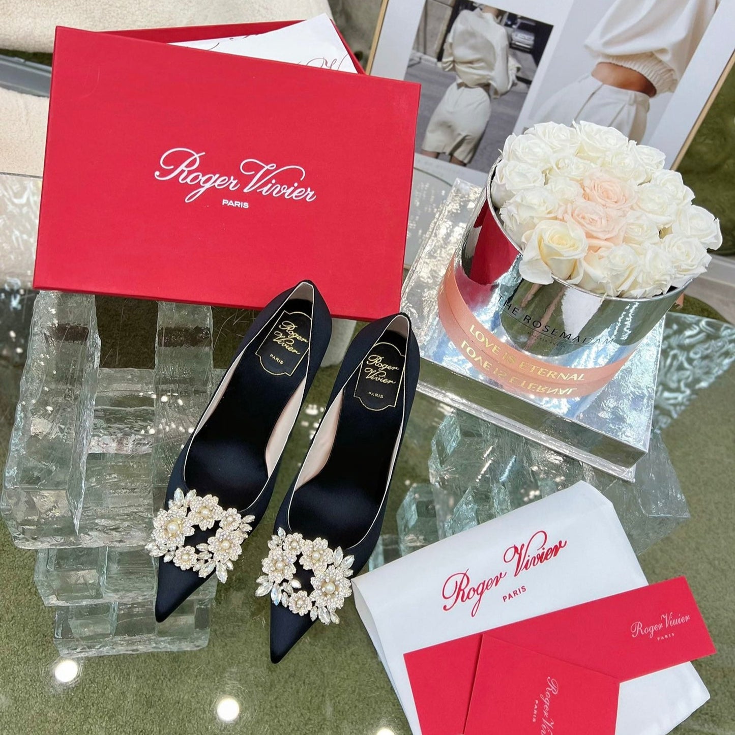 EFFLORESCENCE POINTED-TOE PUMPS IN BLACK SATIN WITH CRYSTAL BUCKLE - 35