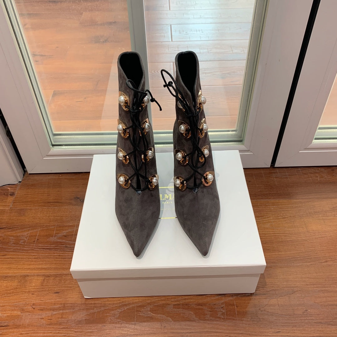 Черевики BALMAIN 26S, 95 мм, темно-сіра замша, перламутрова кнопка