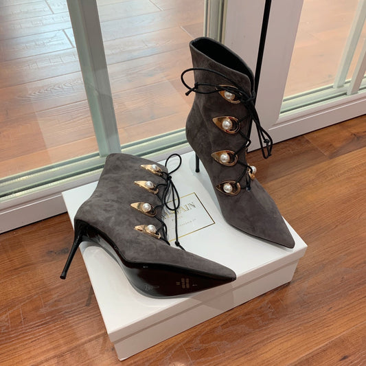 Черевики BALMAIN 26S, 95 мм, темно-сіра замша, перламутрова кнопка