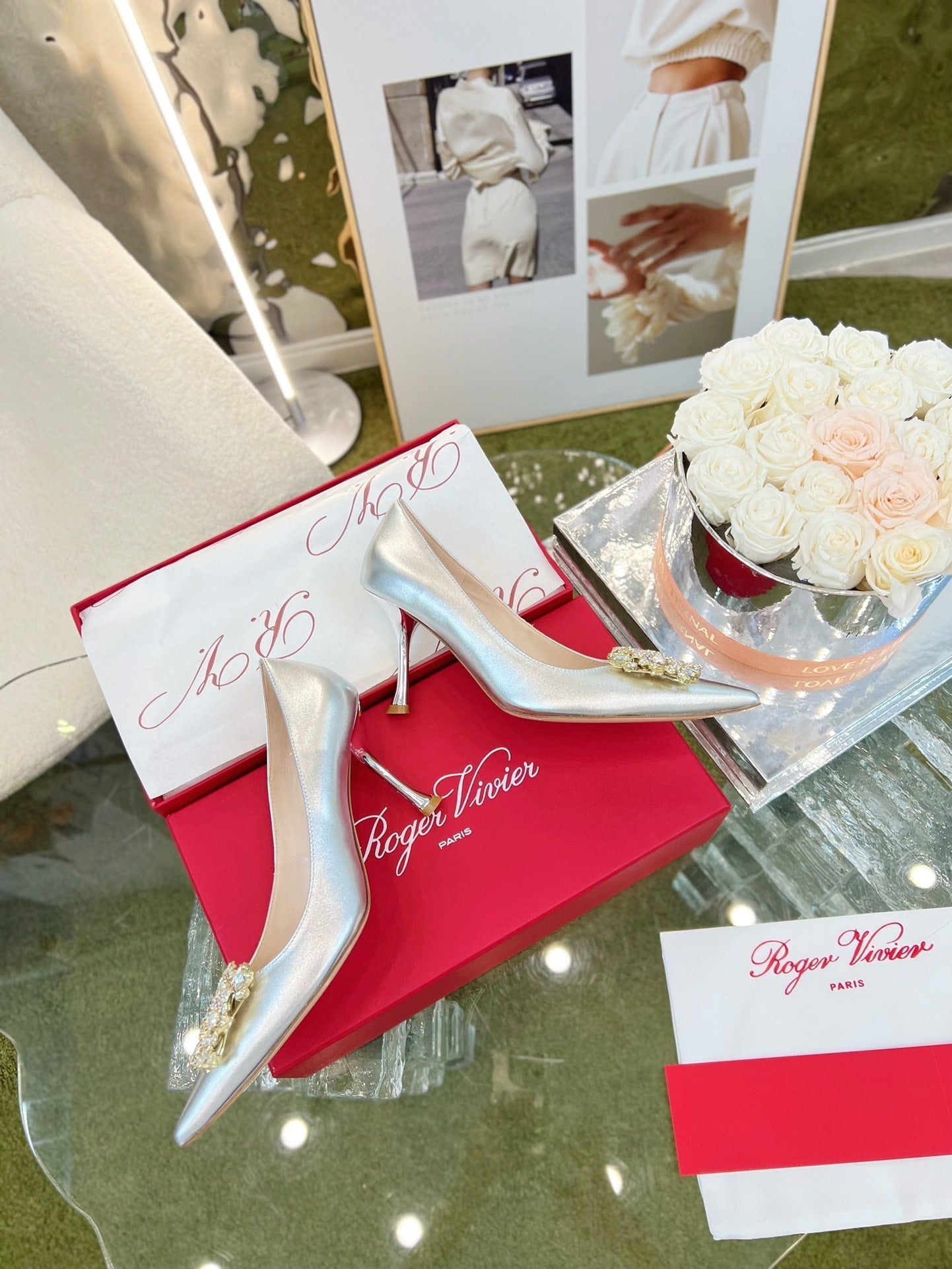 EFFLORESCENCE POINTED-TOE PUMPS 85MM IN SILVER SATIN WITH CRYSTAL BUCKLE - 35