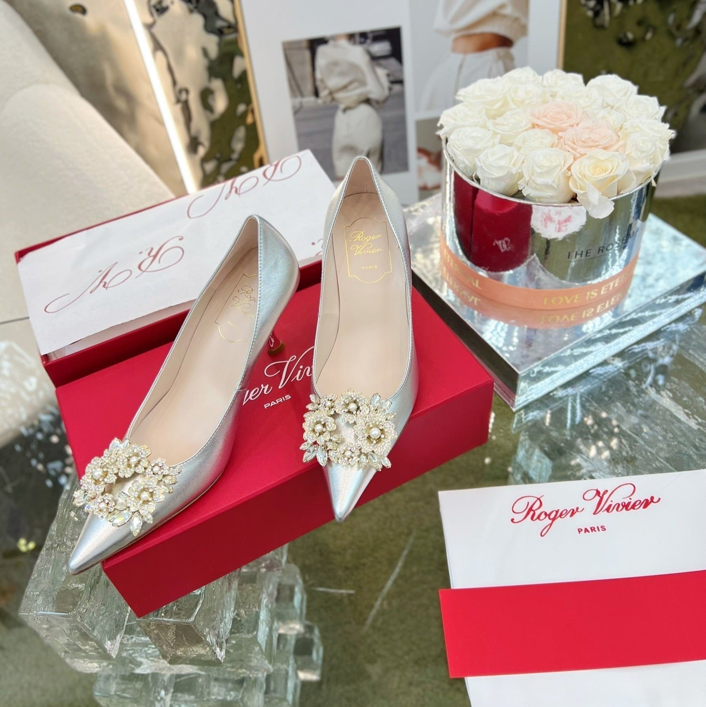EFFLORESCENCE POINTED-TOE PUMPS 85MM IN SILVER SATIN WITH CRYSTAL BUCKLE - 35
