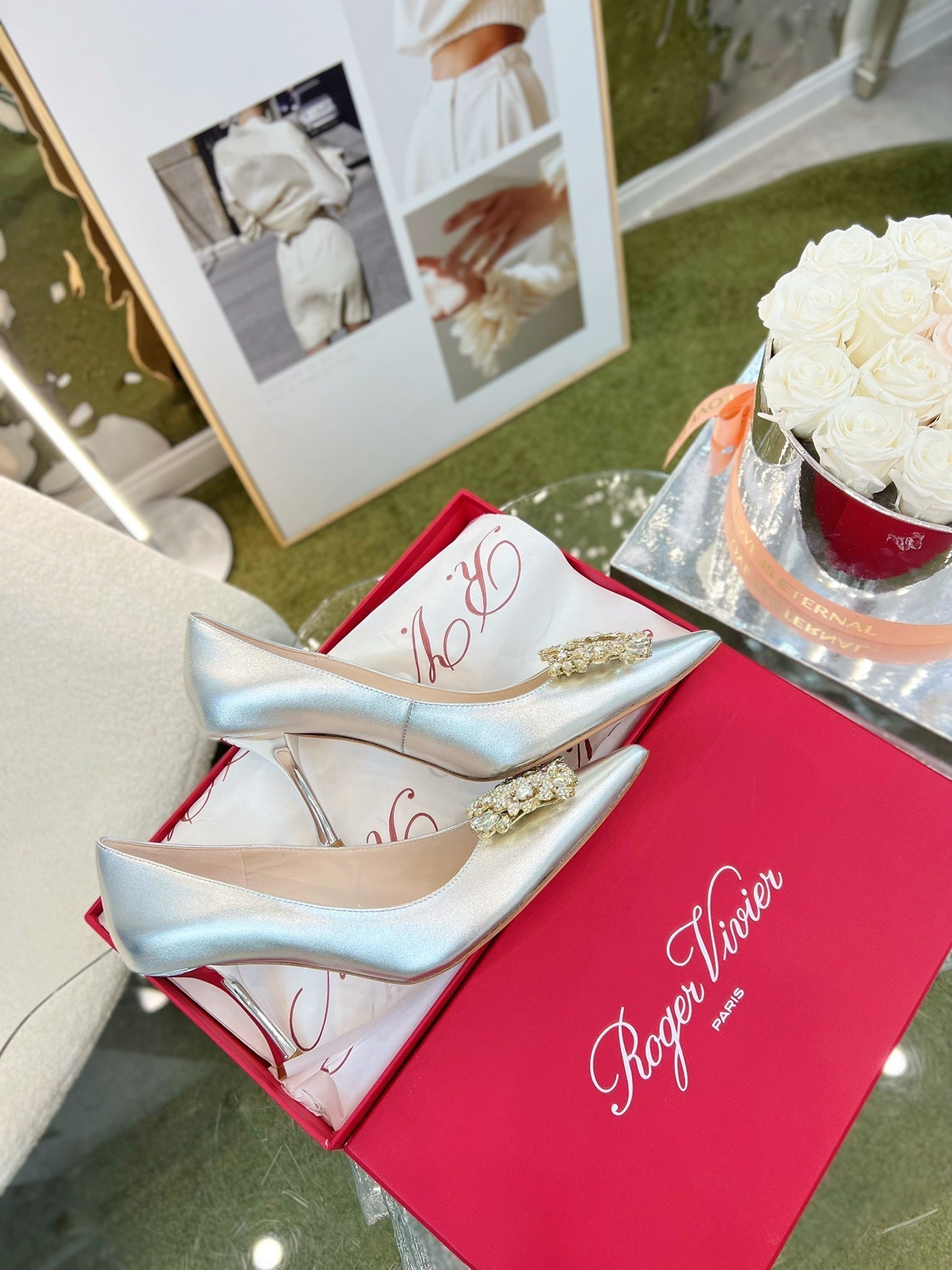 EFFLORESCENCE POINTED-TOE PUMPS 85MM IN SILVER SATIN WITH CRYSTAL BUCKLE - 35