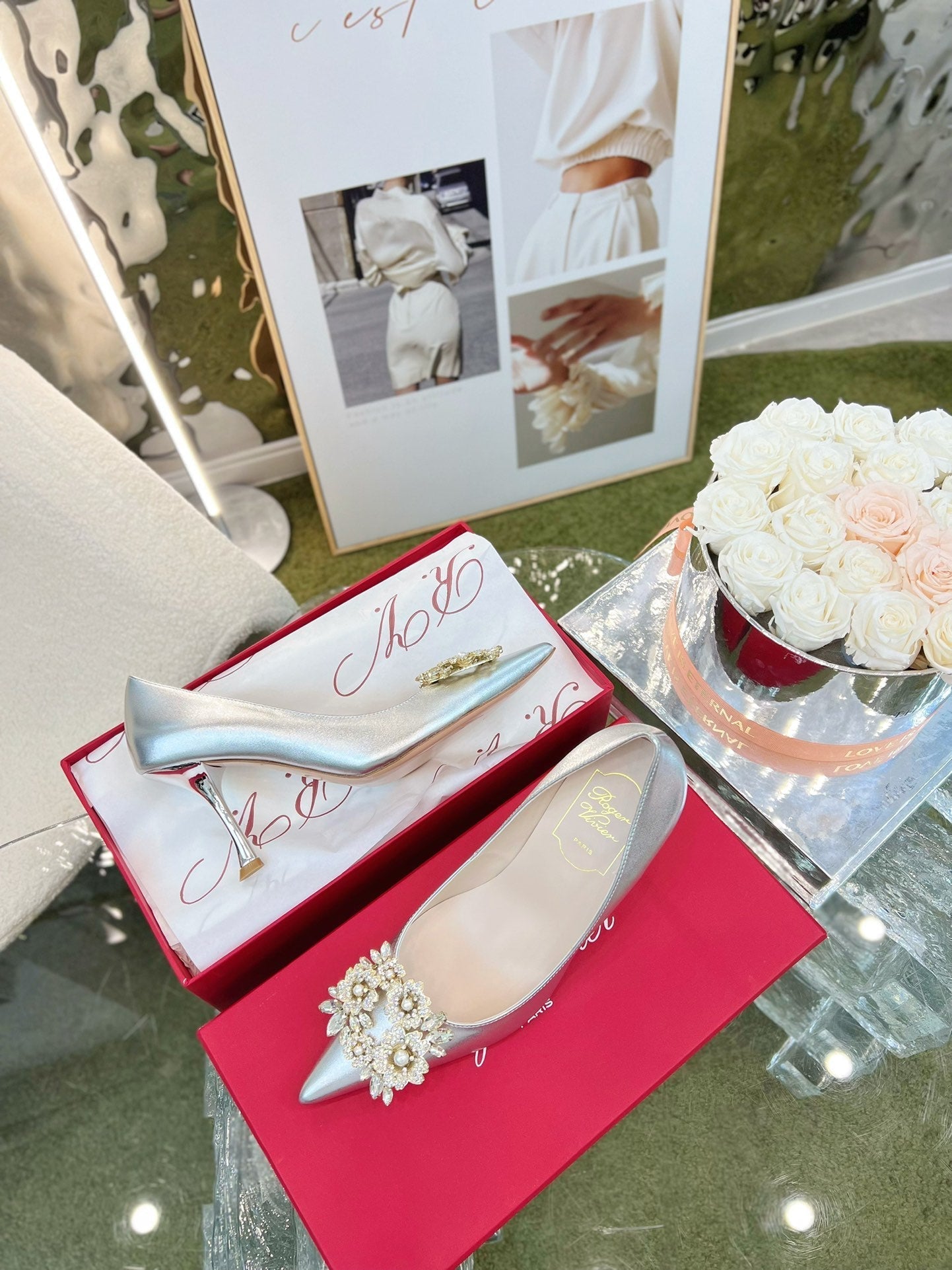 EFFLORESCENCE POINTED-TOE PUMPS 85MM IN SILVER SATIN WITH CRYSTAL BUCKLE - 35