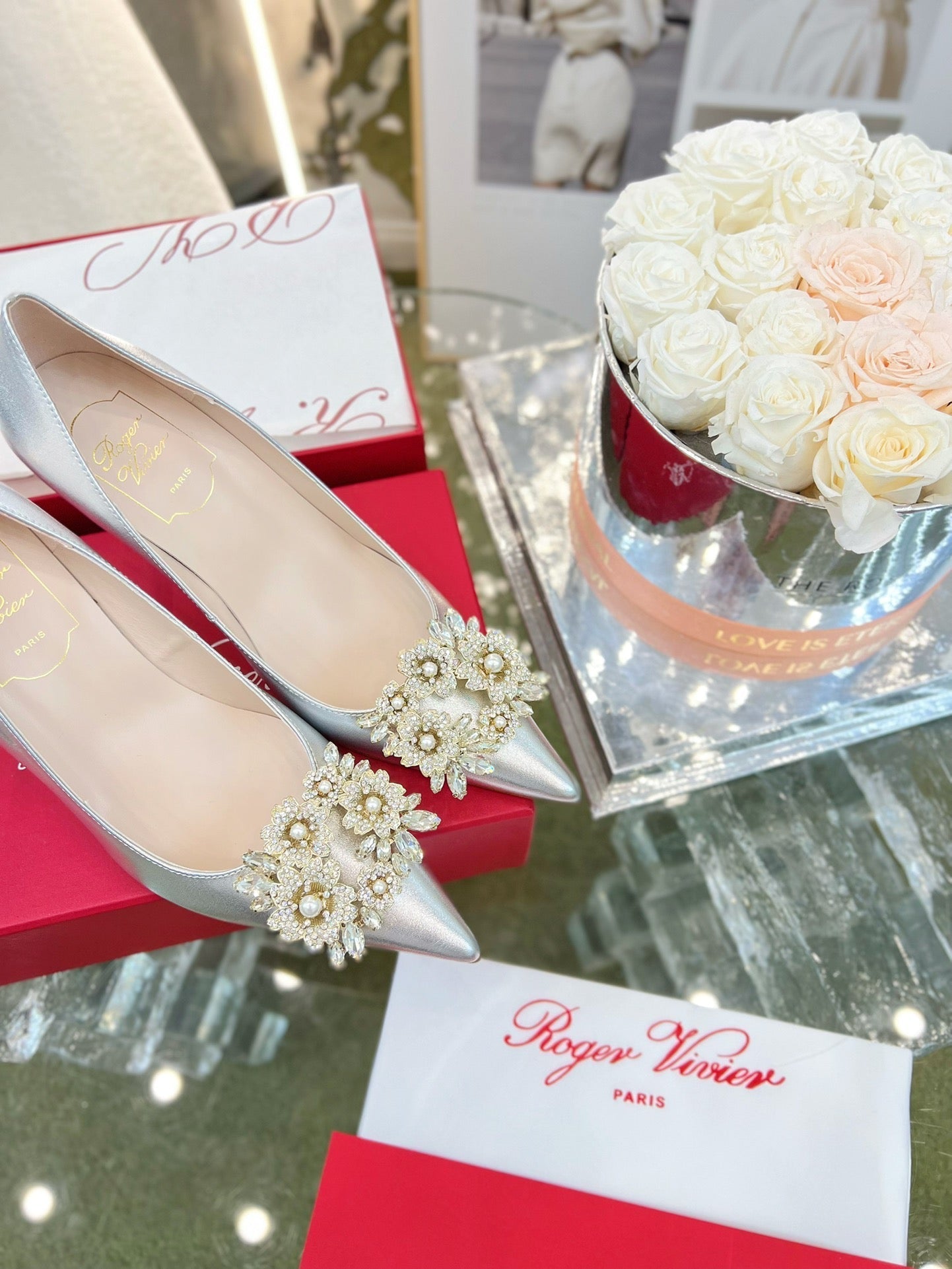 EFFLORESCENCE POINTED-TOE PUMPS 85MM IN SILVER SATIN WITH CRYSTAL BUCKLE - 35