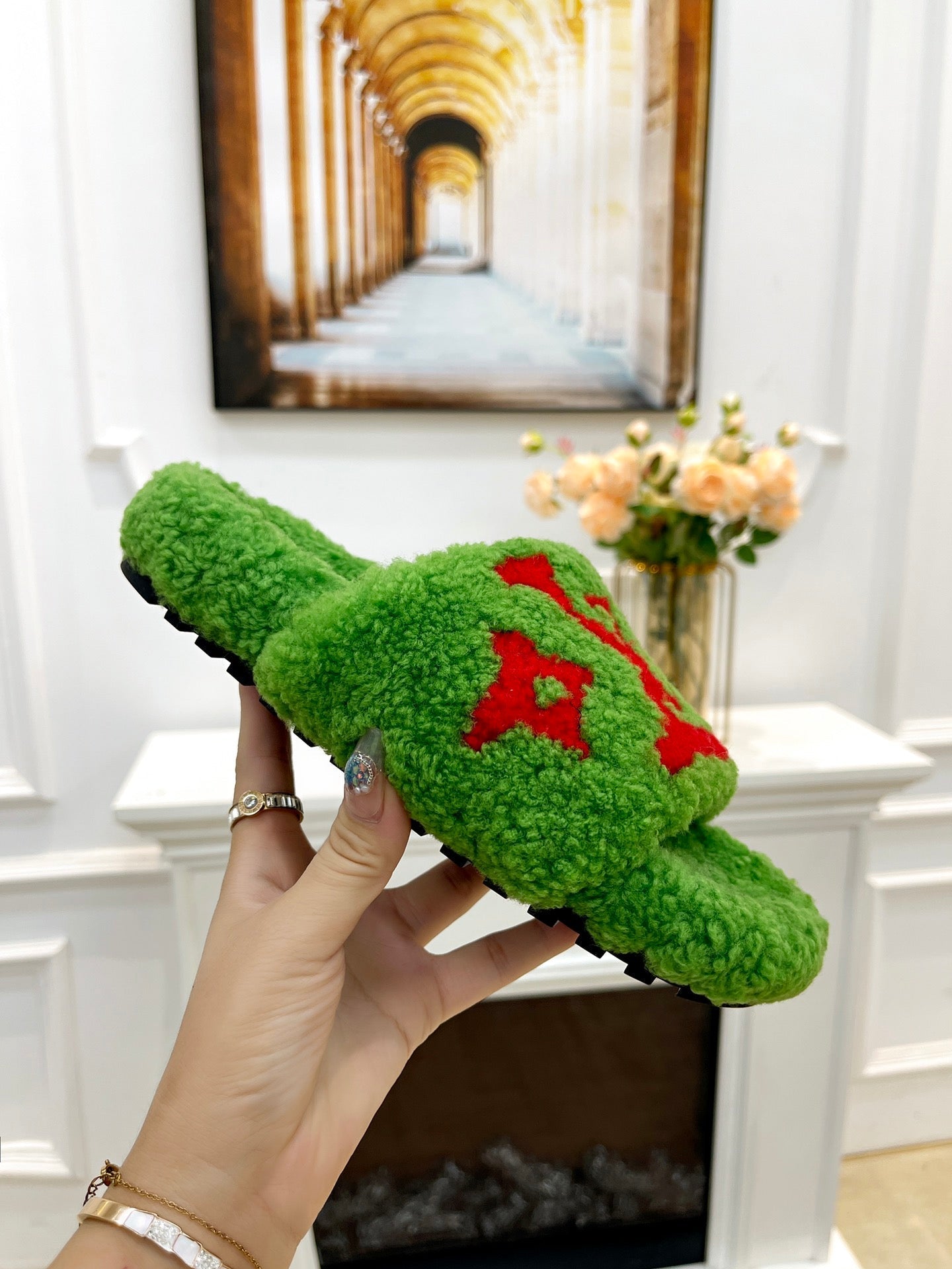 LV FLAT SLIPPER IN LAWN GREEN MIX CHERRY RED SHEARLING - 35