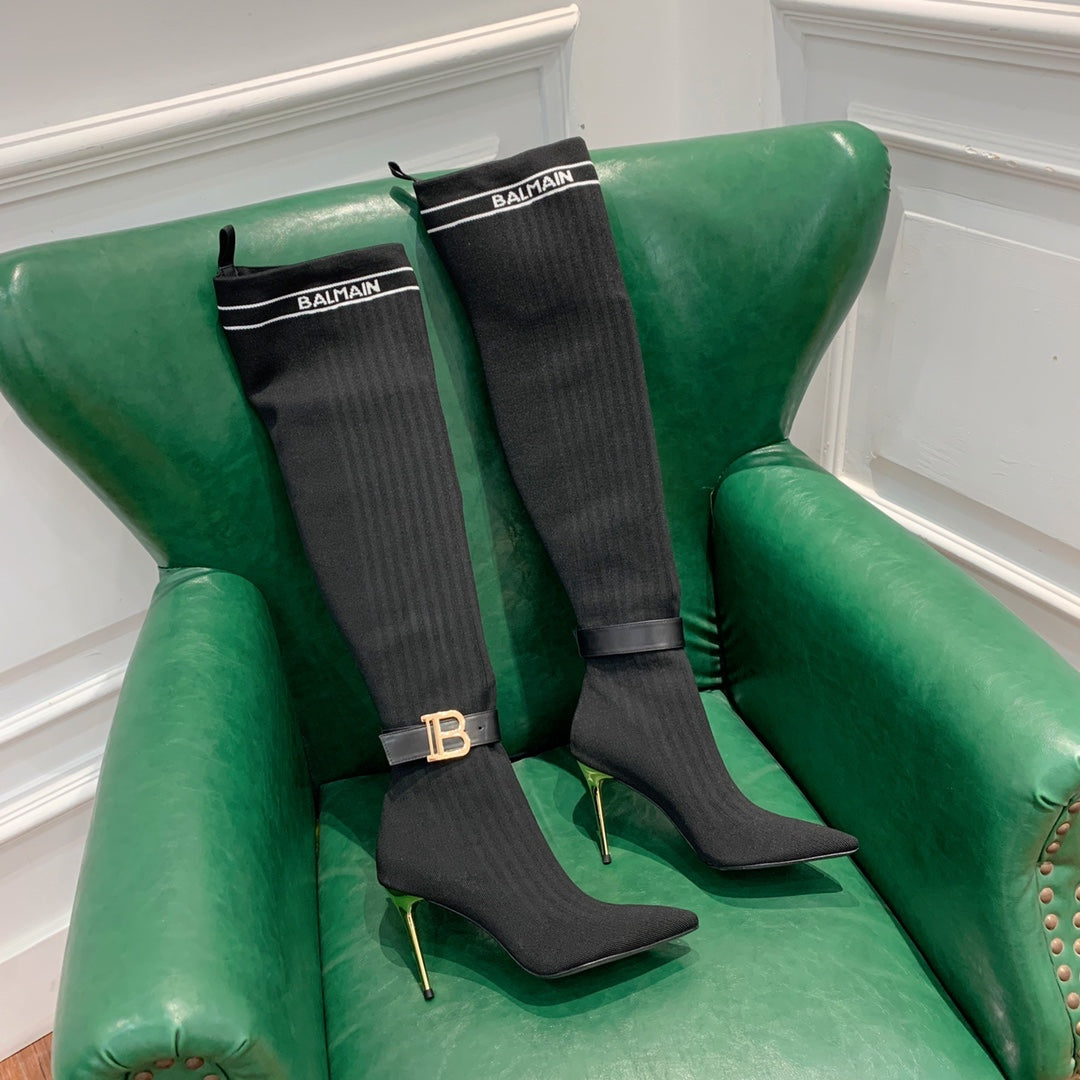 ВИСОКІ ЧОБОТИ BALMAIN 26S 105 ММ З ЧОРНОГО МАТЕРІАЛУ FLYKNIT