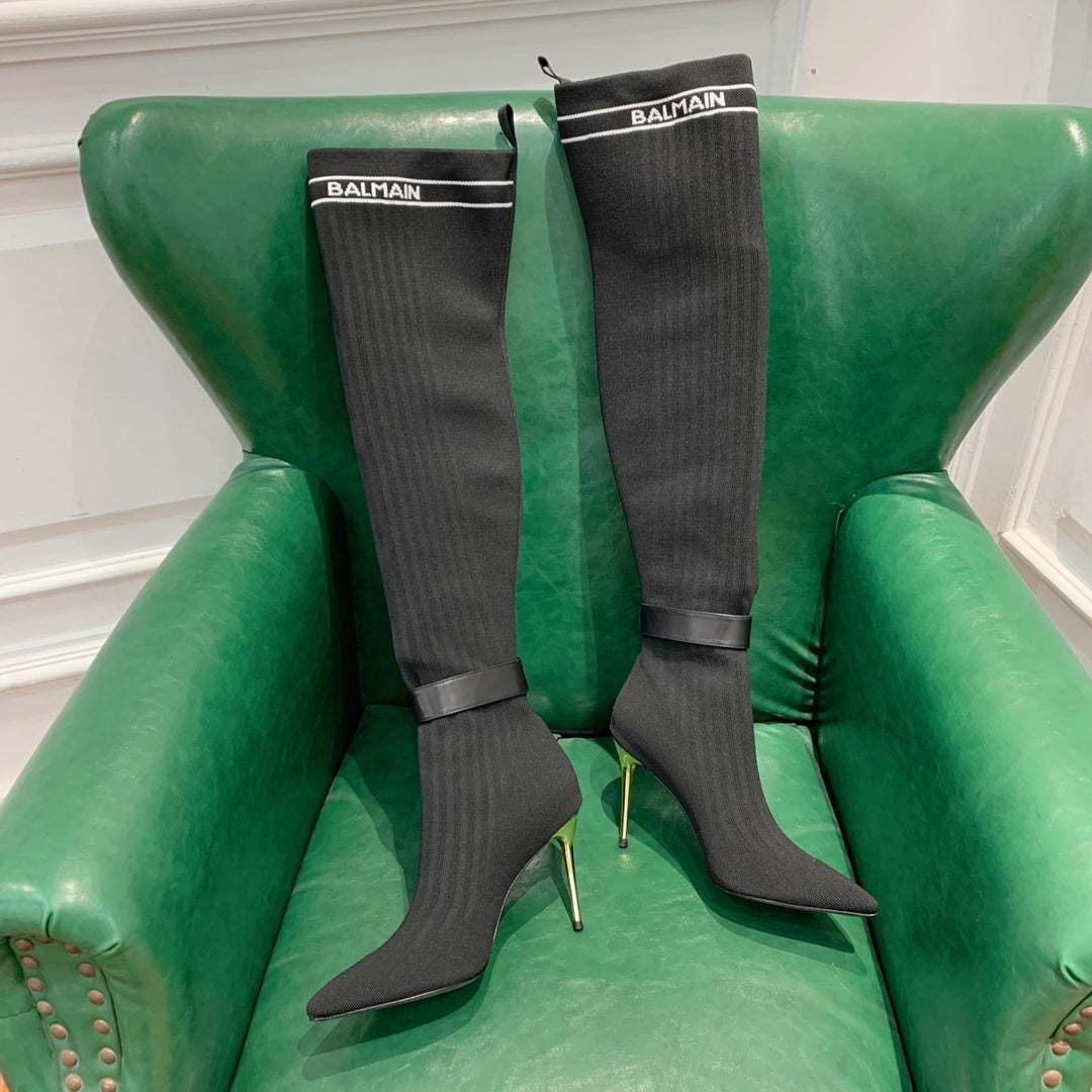 ВИСОКІ ЧОБОТИ BALMAIN 26S 105 ММ З ЧОРНОГО МАТЕРІАЛУ FLYKNIT