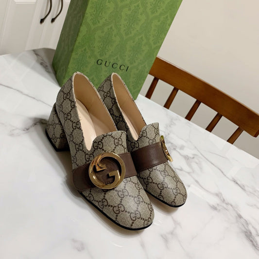 GUCCI 26S BLONDIE ВИСОКІ ПІДБОРИ 55 ММ З ТЕМНО-БЕЖЕВОГО ПОЛОТНА ТА ТЕЛЯЧОЇ ШКІРИ