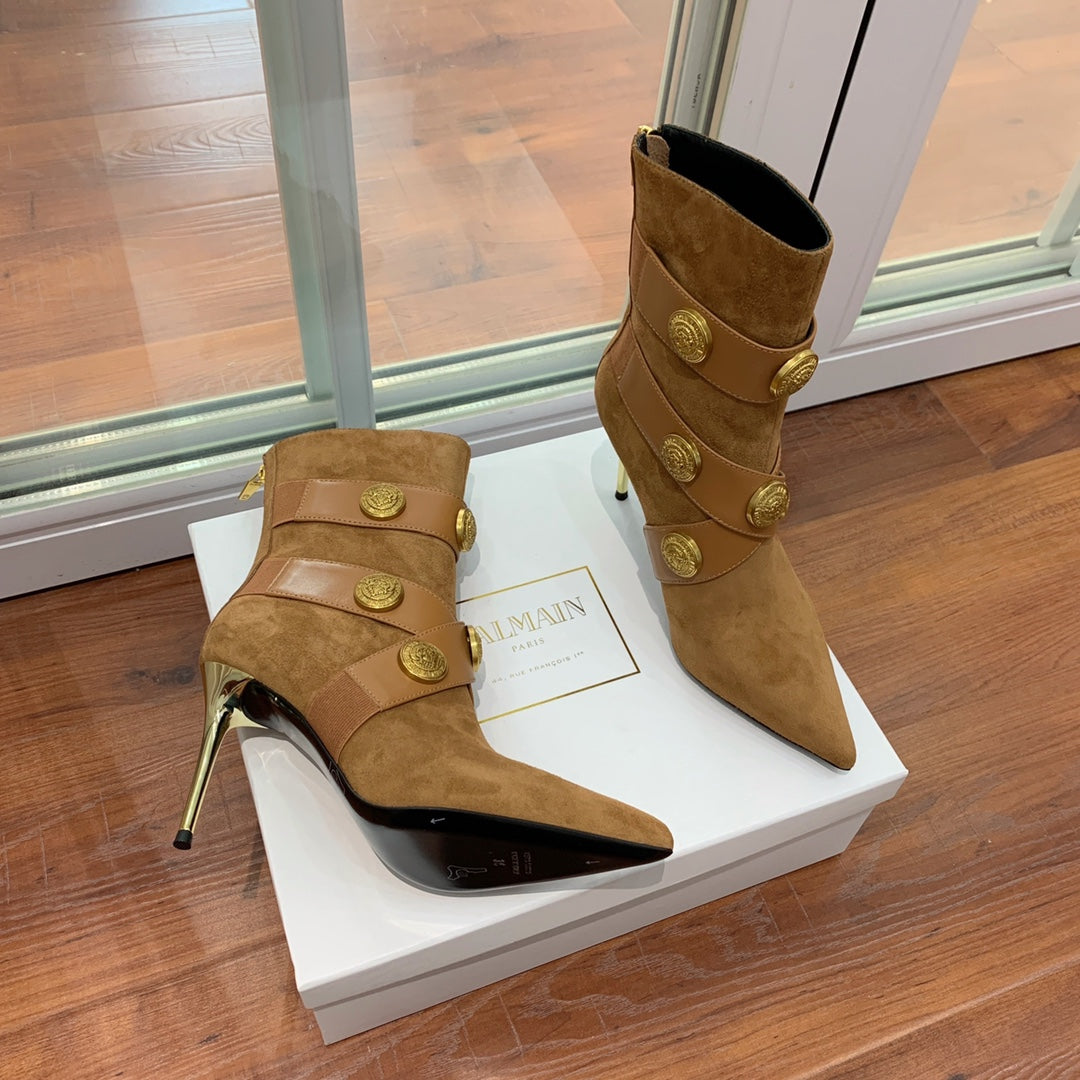 ЧЕРЕВИКИ BALMAIN 26S 105 ММ З КОРИЧНЕВОЇ ЗАМШІ ІЗ ЗОЛОТОЮ ФУРНІТУРОЮ
