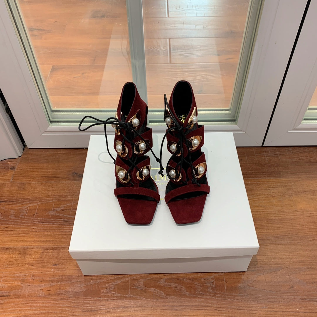 BALMAIN 25S HIGH HEELS 95MM IN OXBLOOD SUEDE WITH PEARL - 36