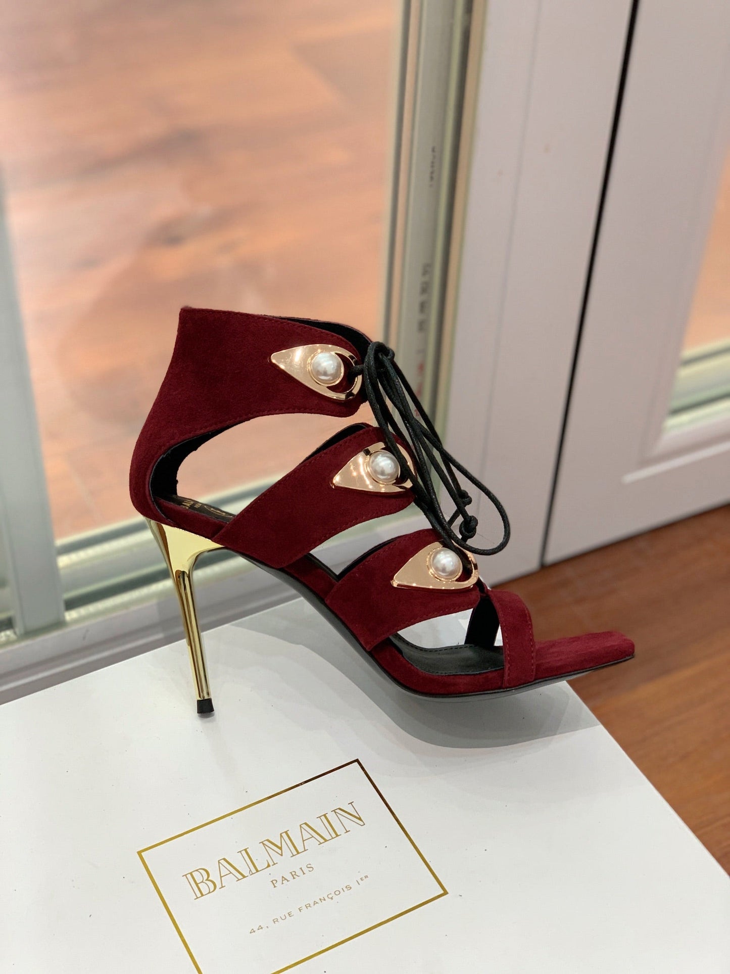 BALMAIN 25S HIGH HEELS 95MM IN OXBLOOD SUEDE WITH PEARL - 36