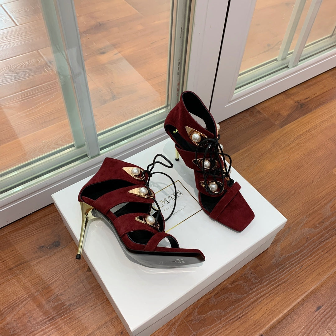 BALMAIN 25S HIGH HEELS 95MM IN OXBLOOD SUEDE WITH PEARL - 36