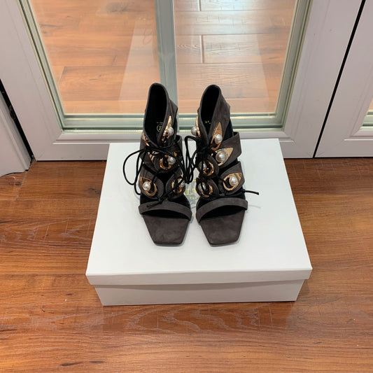 BALMAIN 25S HIGH HEELS 95MM IN CHARCOAL BROWN SUEDE WITH PEARL - 36