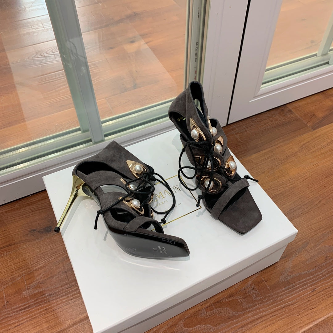 BALMAIN 25S HIGH HEELS 95MM IN CHARCOAL BROWN SUEDE WITH PEARL - 36