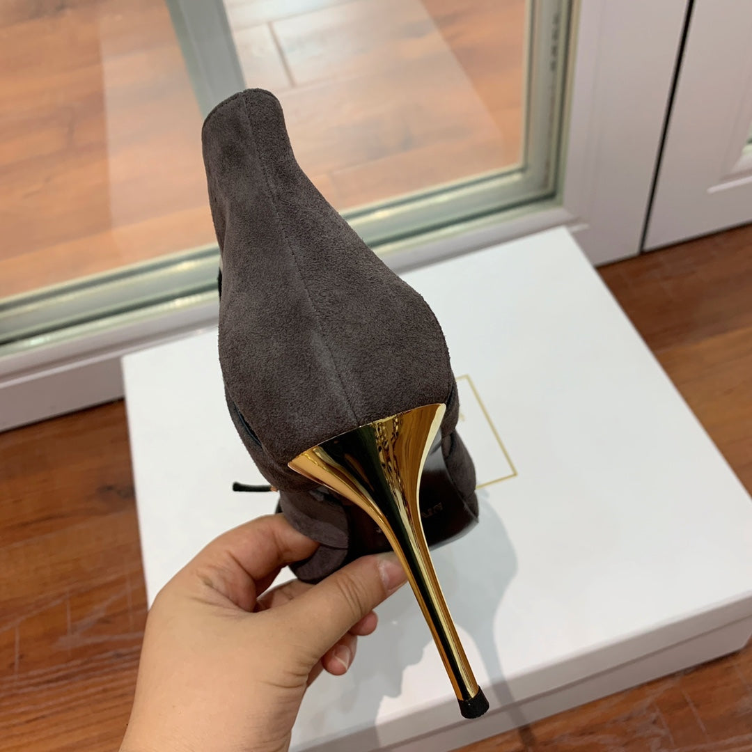 BALMAIN 25S HIGH HEELS 95MM IN CHARCOAL BROWN SUEDE WITH PEARL - 36