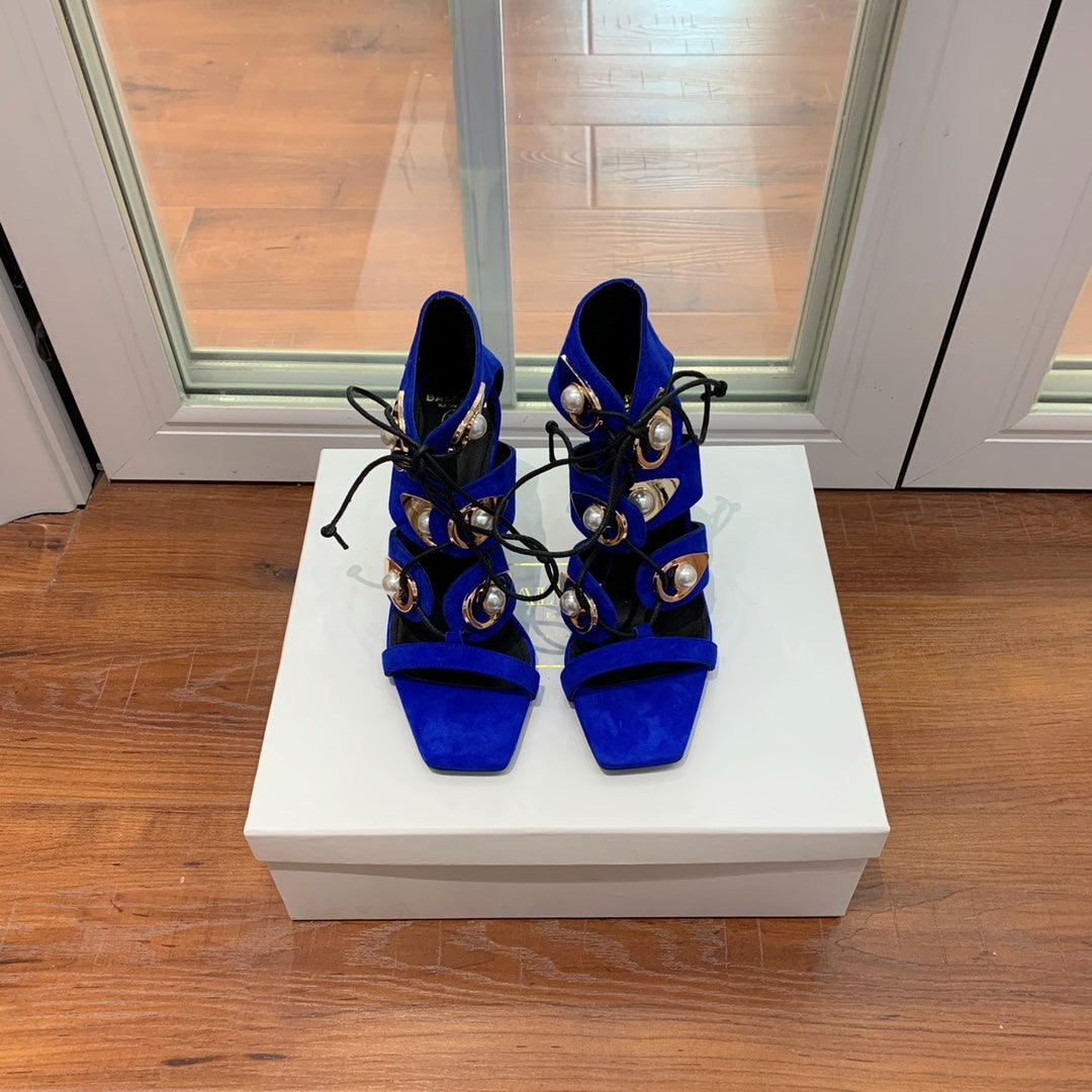 BALMAIN 25S HIGH HEELS 95MM IN DARK BLUE SUEDE WITH PEARL - 36