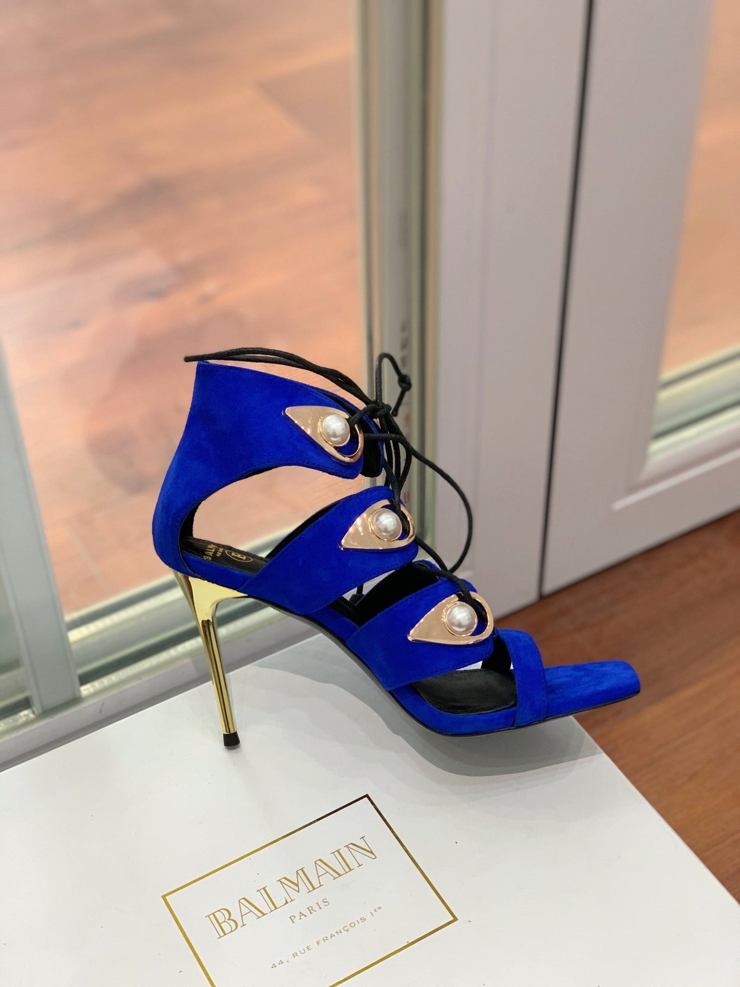 BALMAIN 25S HIGH HEELS 95MM IN DARK BLUE SUEDE WITH PEARL - 36