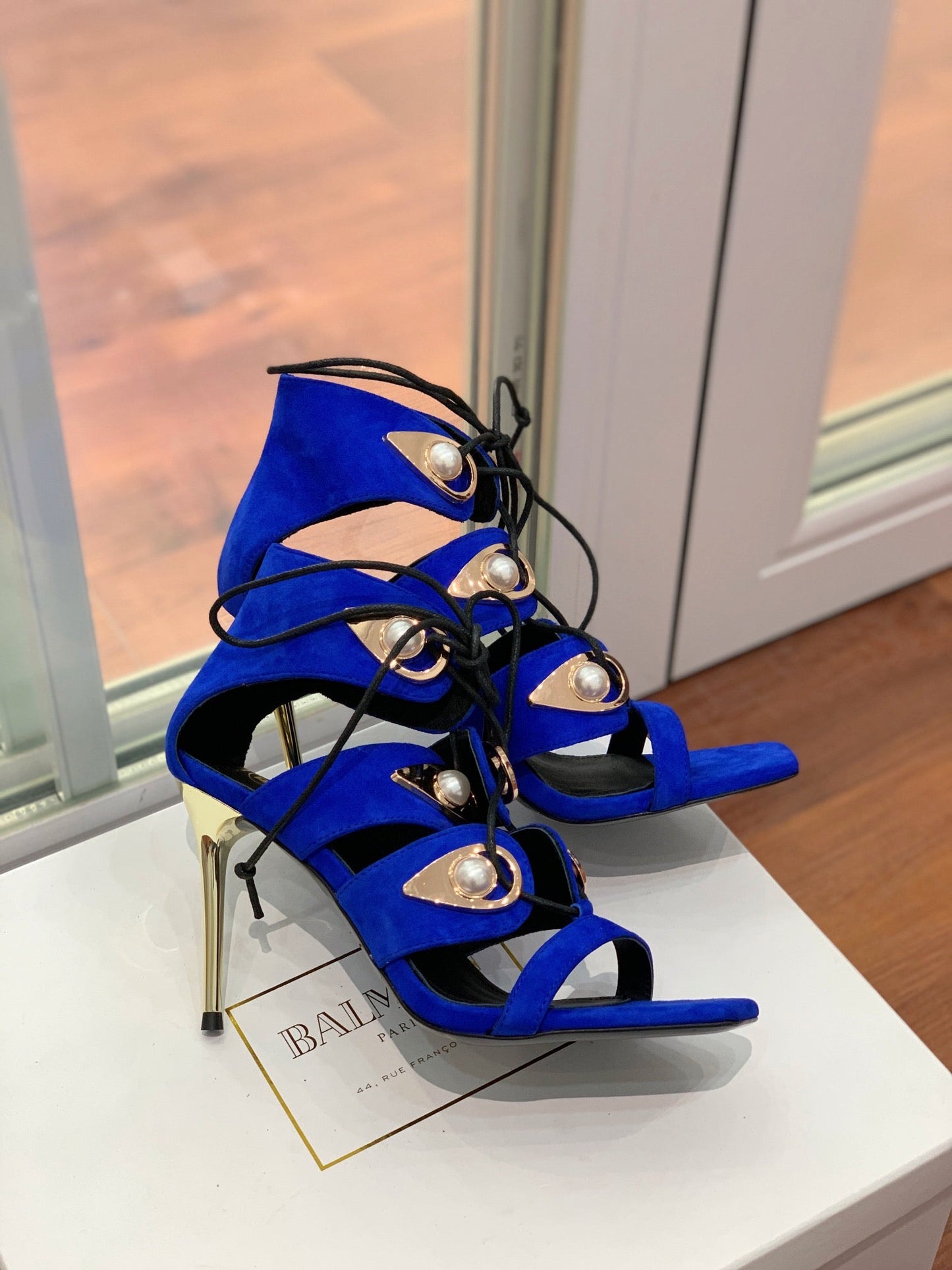 BALMAIN 25S HIGH HEELS 95MM IN DARK BLUE SUEDE WITH PEARL - 36