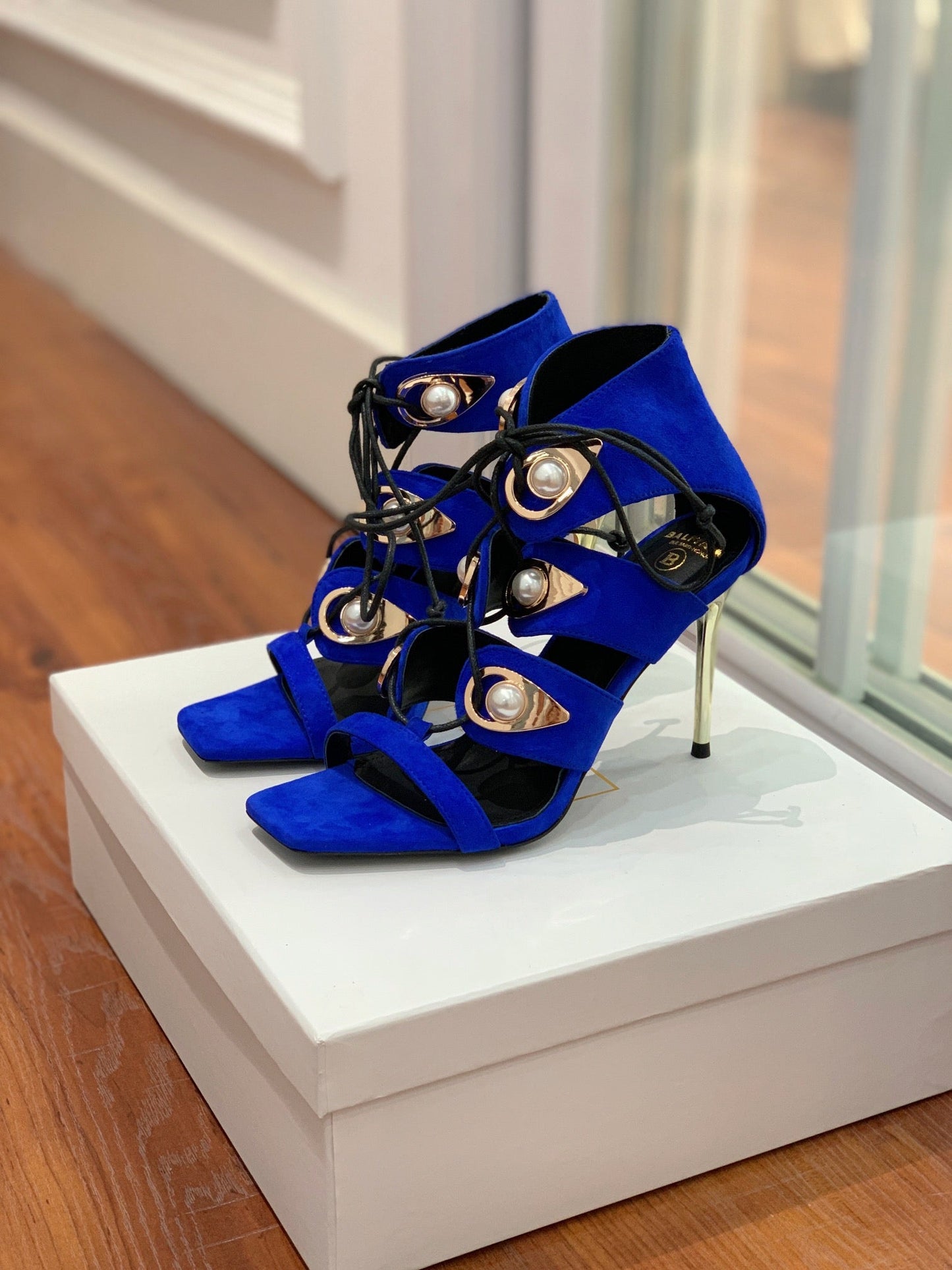 BALMAIN 25S HIGH HEELS 95MM IN DARK BLUE SUEDE WITH PEARL - 36