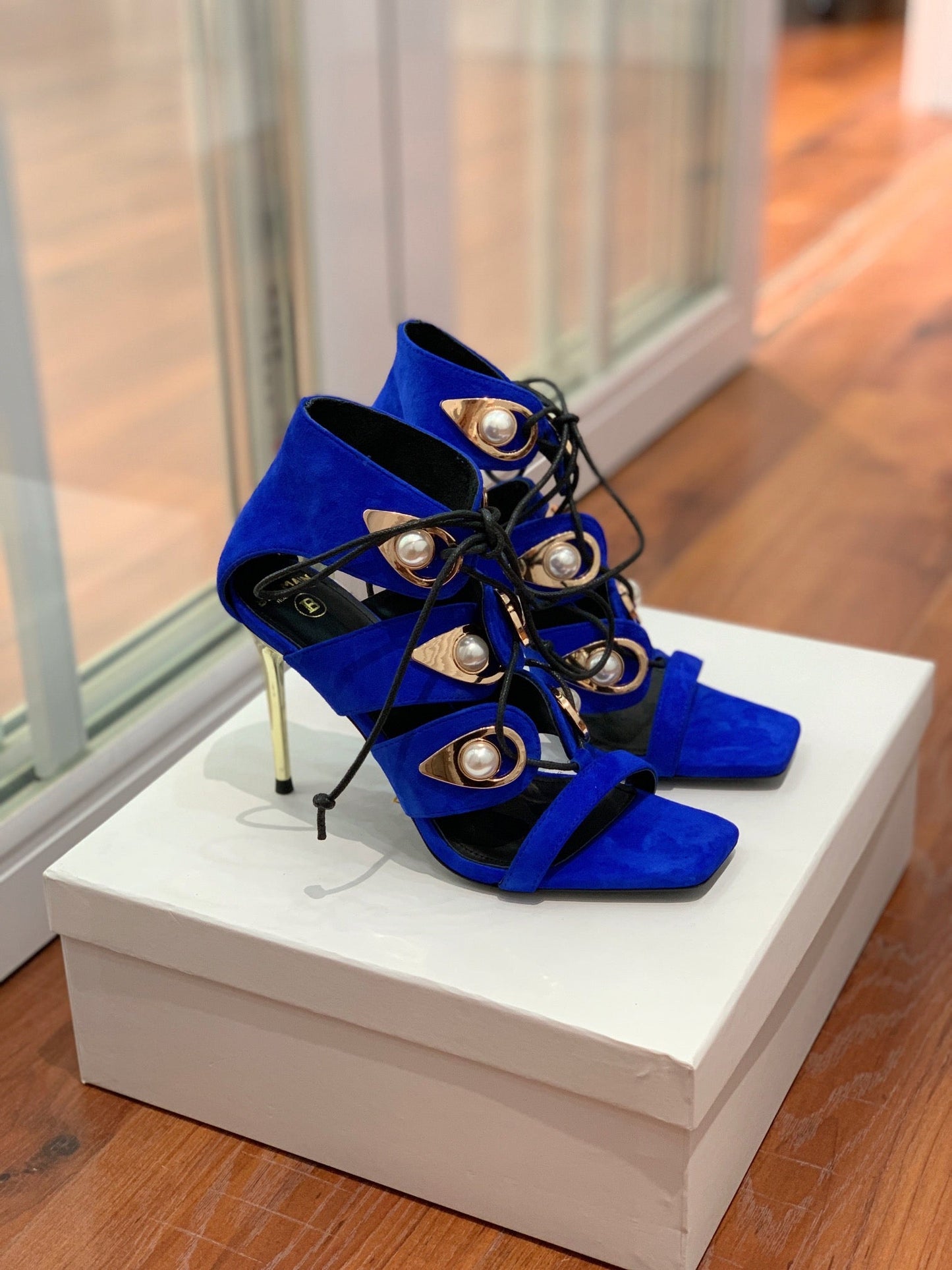 BALMAIN 25S HIGH HEELS 95MM IN DARK BLUE SUEDE WITH PEARL - 36