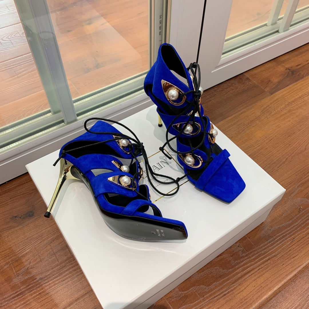 BALMAIN 25S HIGH HEELS 95MM IN DARK BLUE SUEDE WITH PEARL - 36