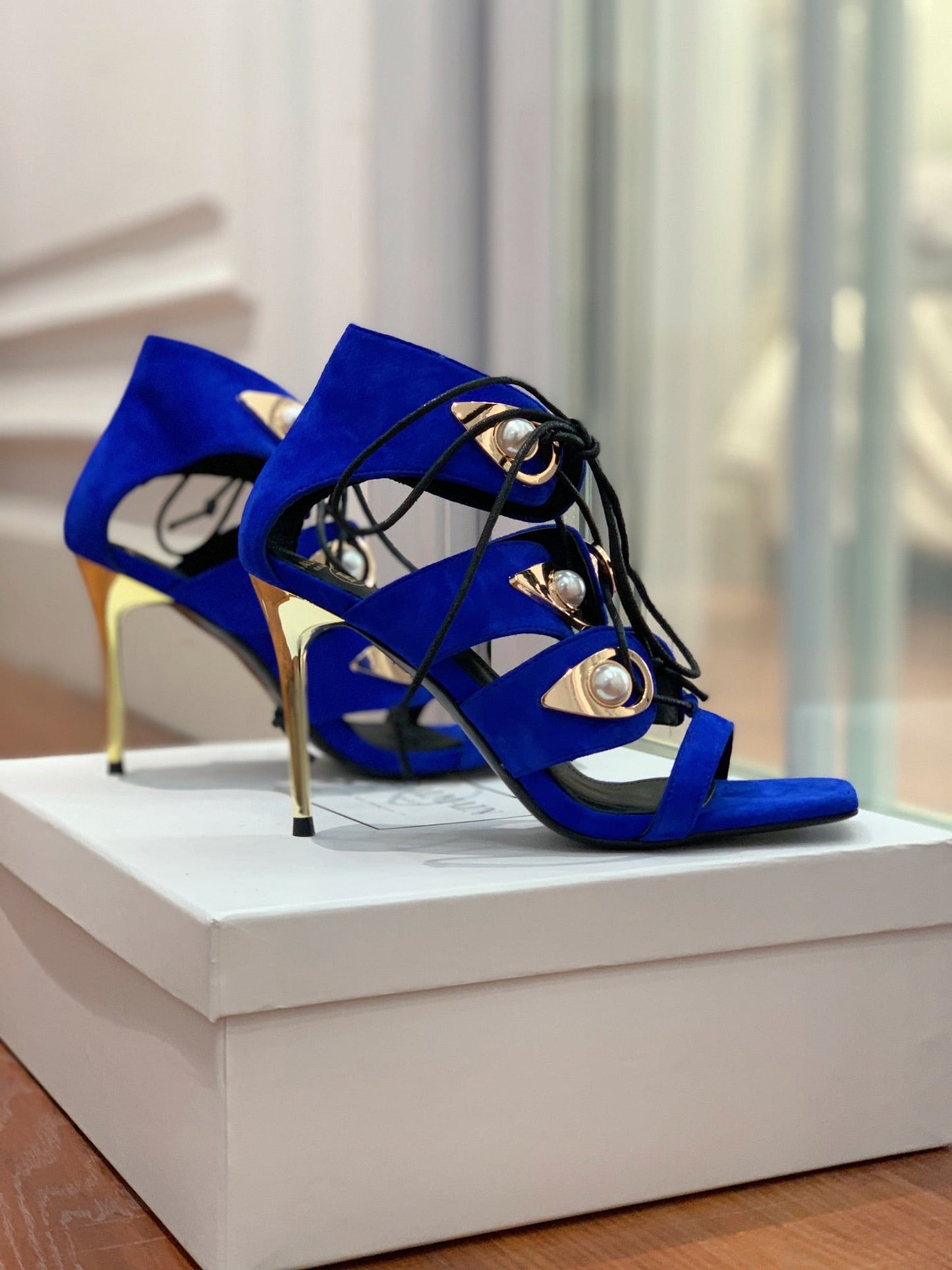 BALMAIN 25S HIGH HEELS 95MM IN DARK BLUE SUEDE WITH PEARL - 36
